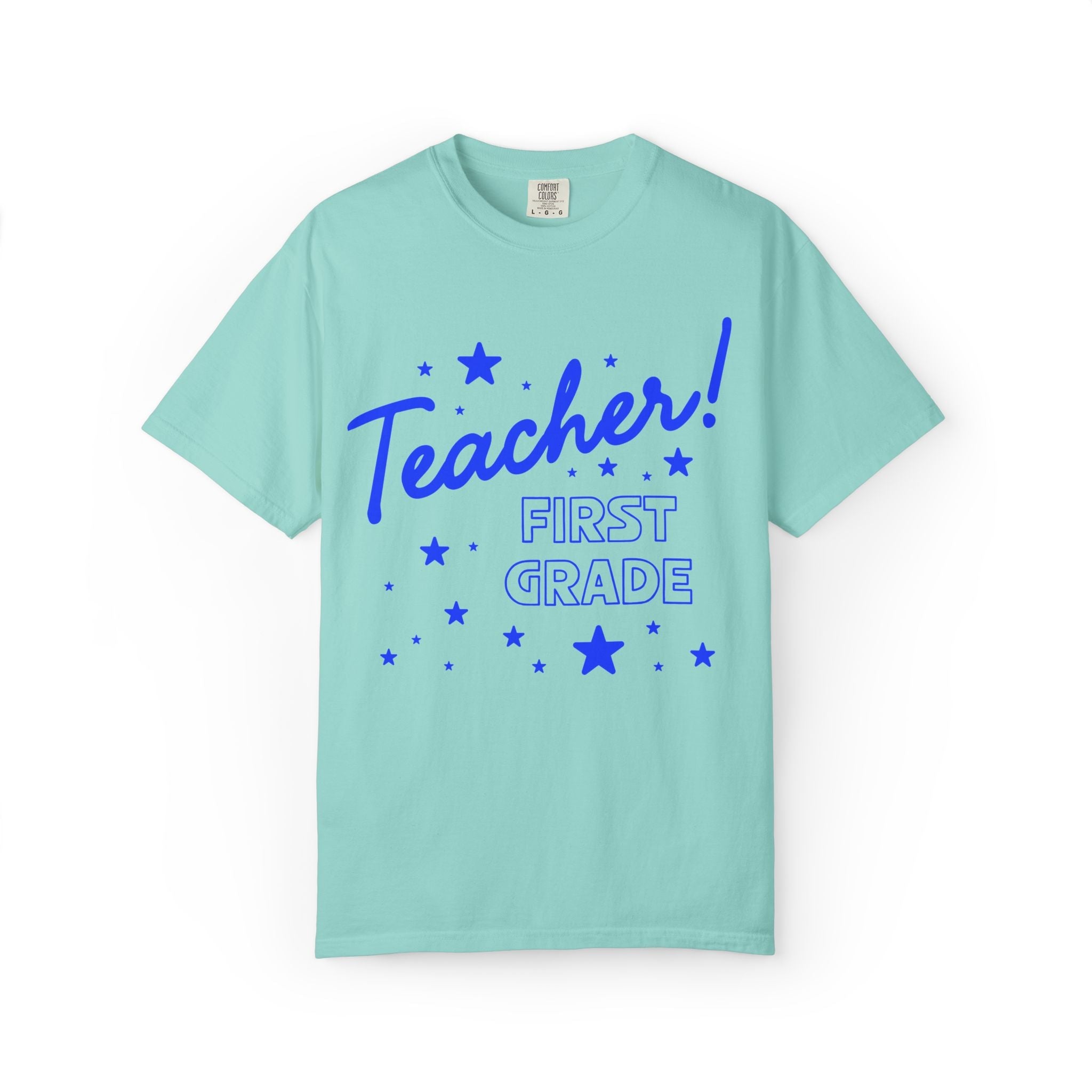 First Grade Teacher Tee Shirt with Stars: Cute Matching Teacher T-Shirt for Back to School or Meet the Teacher Night, First Grade Crew - Opal and June