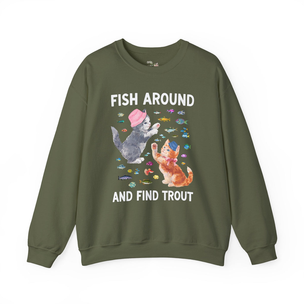 Fish Around and Find Trout Funny Cat Lover Sweatshirt for Cat Mom or Cat Dad, Silly Cat Parent Fishing Crewneck, Colorful 90s Aesthetic - Opal and June