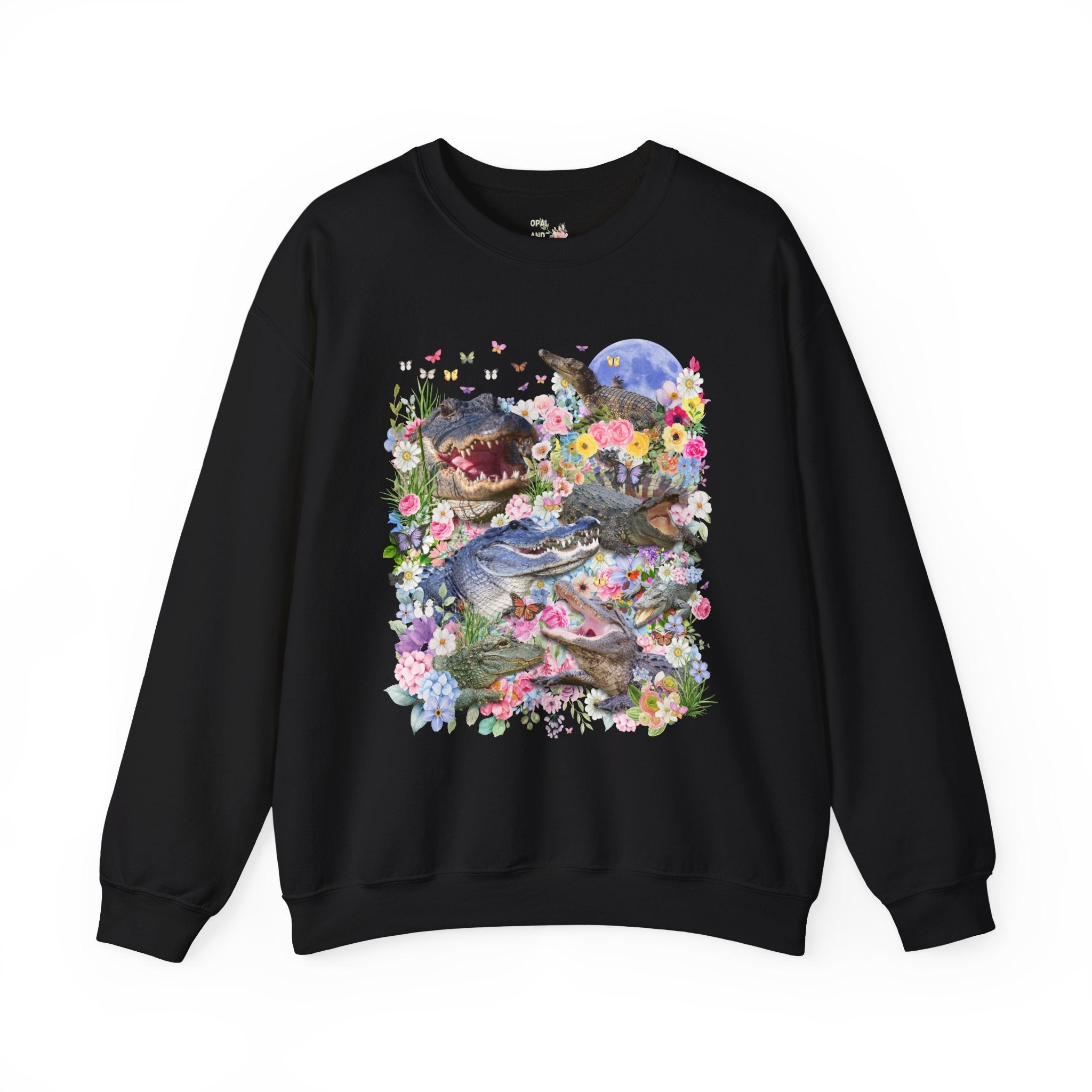 Floral Alligator Sweatshirt with Butterflies, Silly Maximalist Animal Lover, 90s Throwback Crocodile Shirt with Flowers, Weirdcore Dreamcore - Opal and June