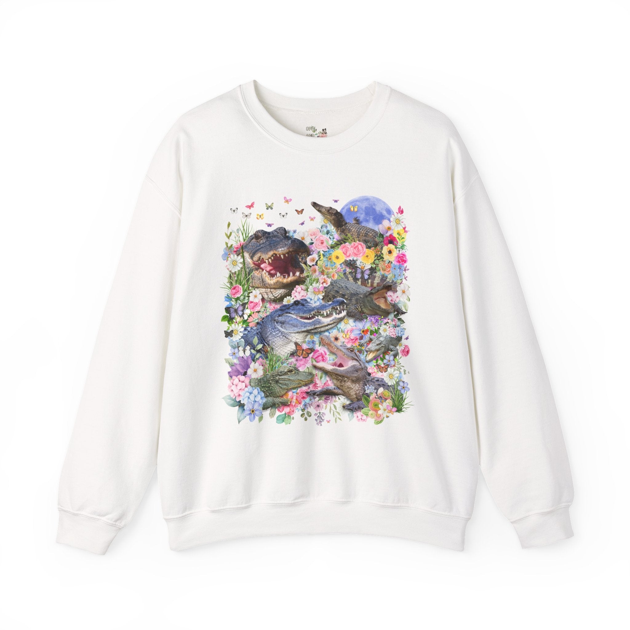 Floral Alligator Sweatshirt with Butterflies, Silly Maximalist Animal Lover, 90s Throwback Crocodile Shirt with Flowers, Weirdcore Dreamcore - Opal and June