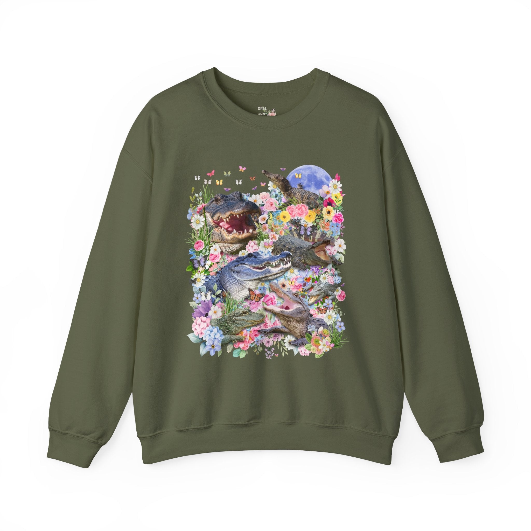 Floral Alligator Sweatshirt with Butterflies, Silly Maximalist Animal Lover, 90s Throwback Crocodile Shirt with Flowers, Weirdcore Dreamcore - Opal and June