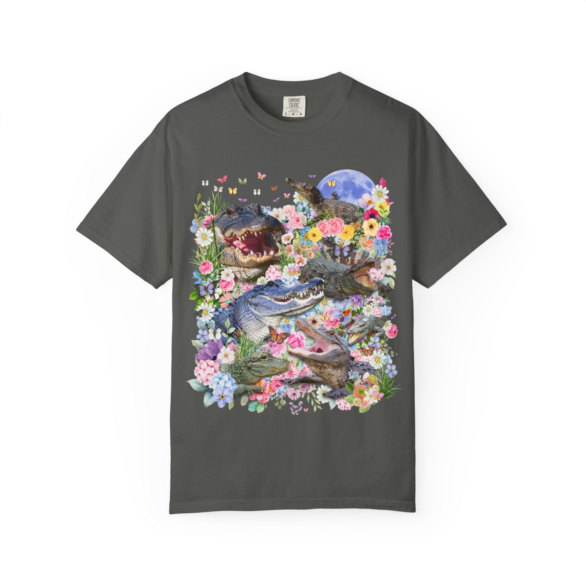Floral Alligator T-Shirt with Butterflies, Silly Maximalist Animal Lover, Nineties Throwback Crocodile Tee with Flowers, Weirdcore Dreamcore - Opal and June