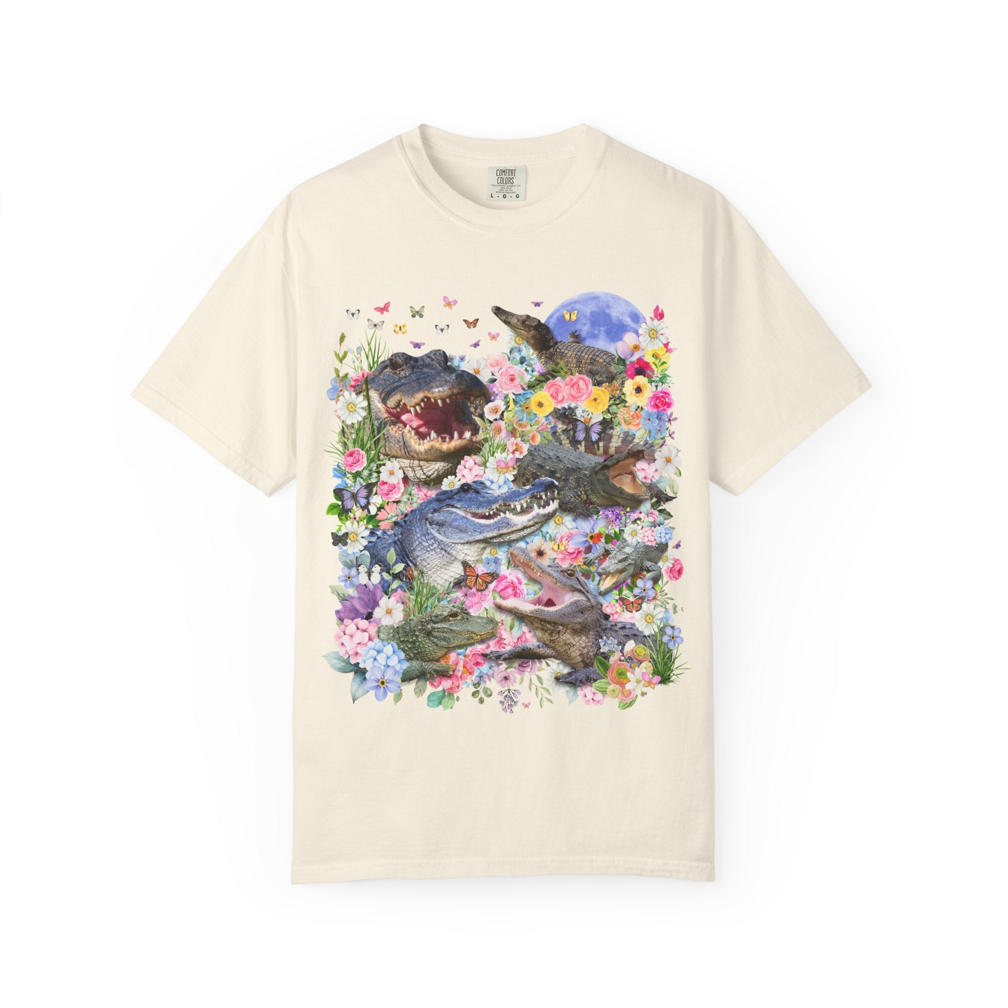 Floral Alligator T-Shirt with Butterflies, Silly Maximalist Animal Lover, Nineties Throwback Crocodile Tee with Flowers, Weirdcore Dreamcore - Opal and June