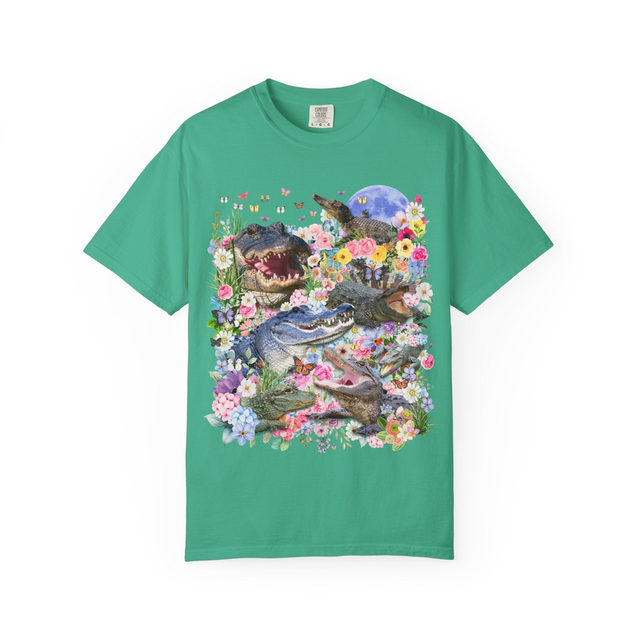 Floral Alligator T-Shirt with Butterflies, Silly Maximalist Animal Lover, Nineties Throwback Crocodile Tee with Flowers, Weirdcore Dreamcore - Opal and June