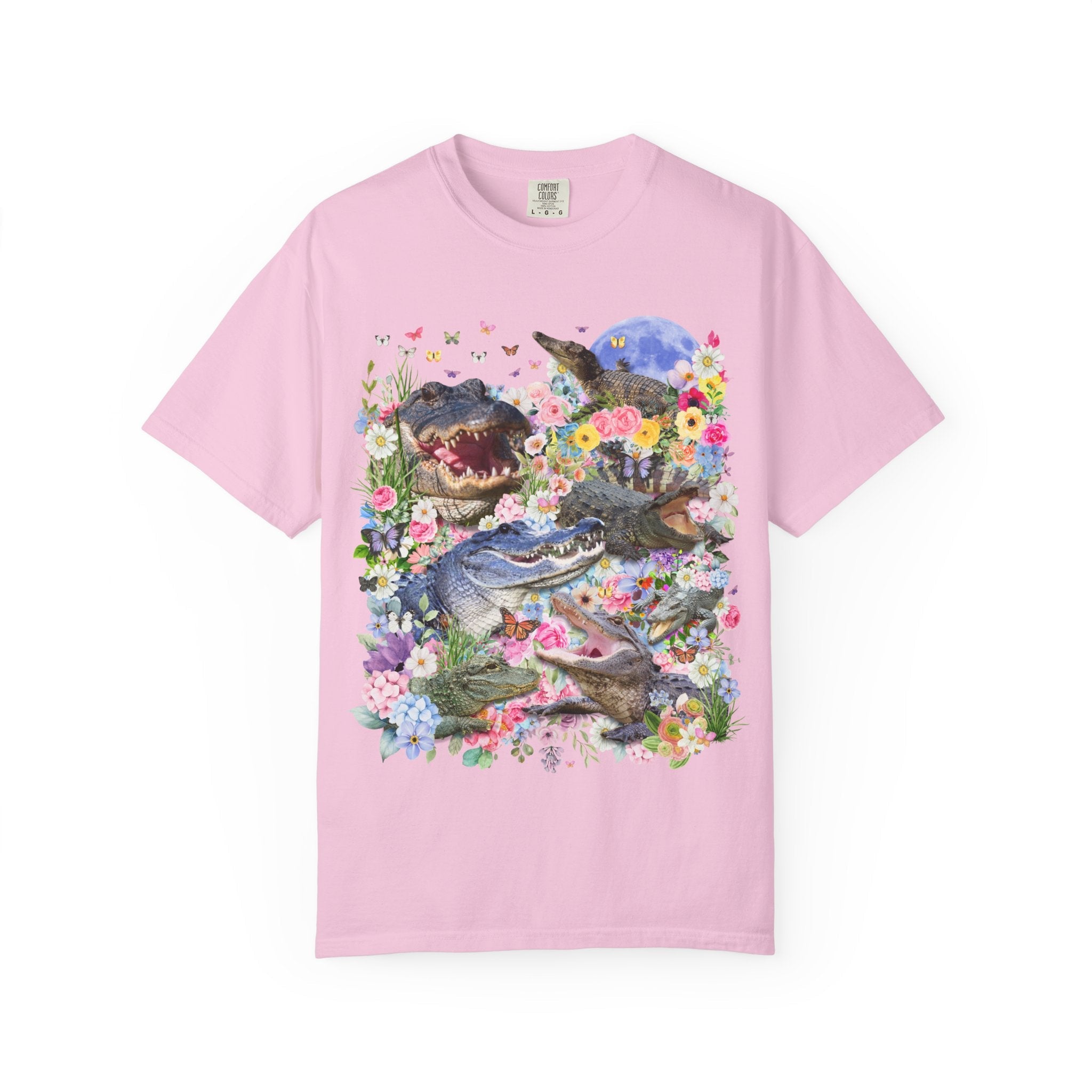 Floral Alligator T-Shirt with Butterflies, Silly Maximalist Animal Lover, Nineties Throwback Crocodile Tee with Flowers, Weirdcore Dreamcore - Opal and June