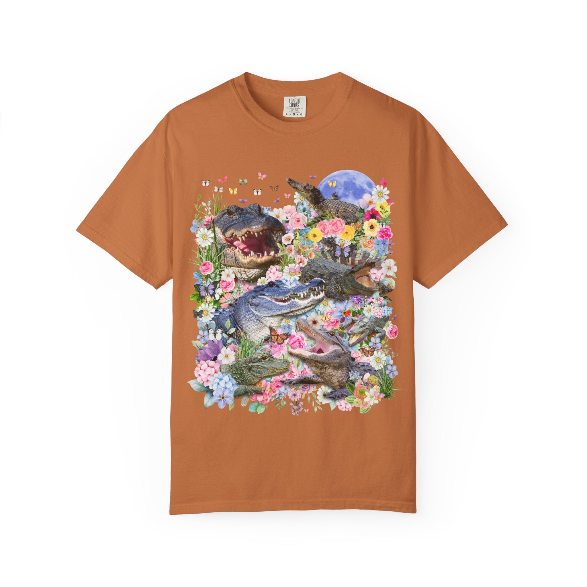 Floral Alligator T-Shirt with Butterflies, Silly Maximalist Animal Lover, Nineties Throwback Crocodile Tee with Flowers, Weirdcore Dreamcore - Opal and June