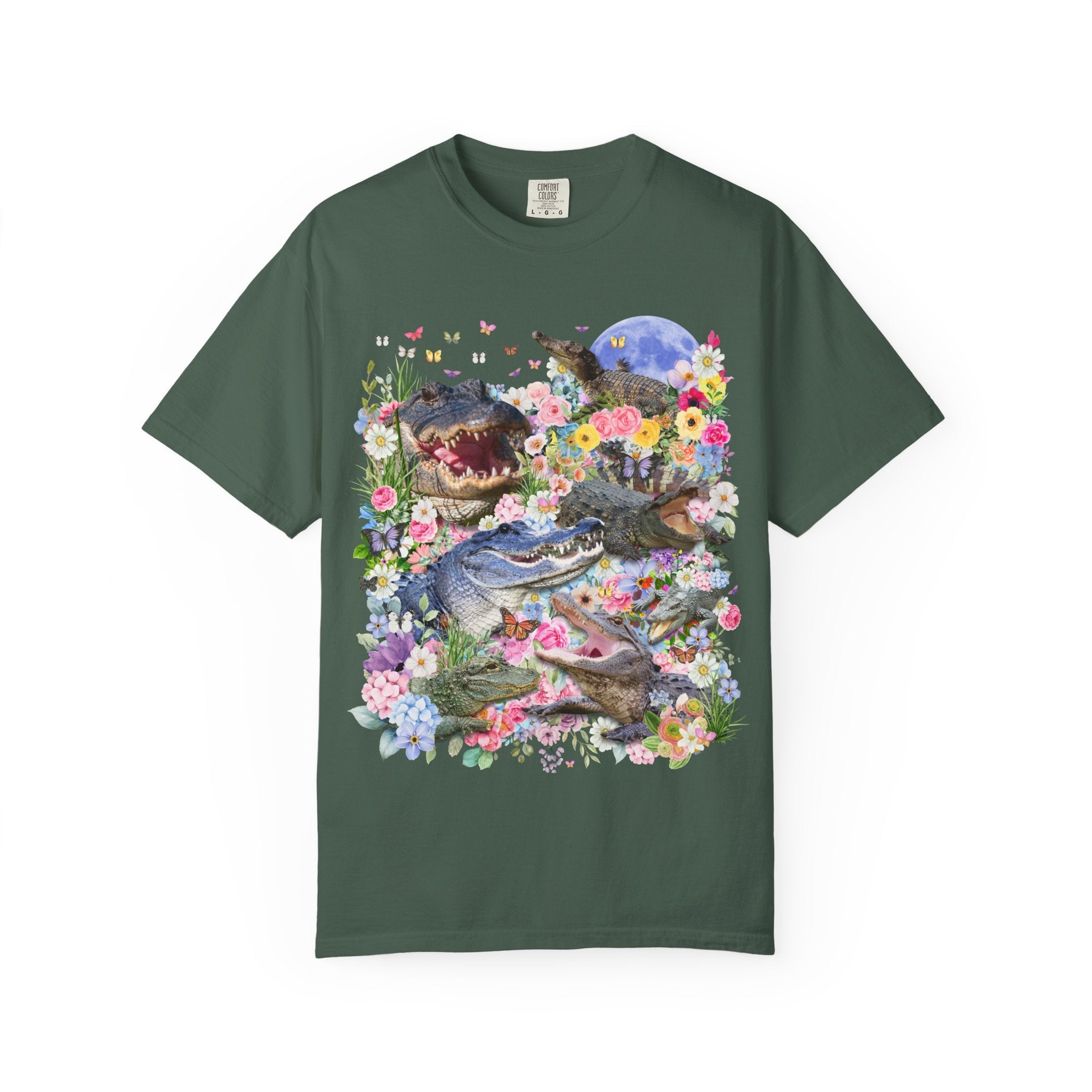 Floral Alligator T-Shirt with Butterflies, Silly Maximalist Animal Lover, Nineties Throwback Crocodile Tee with Flowers, Weirdcore Dreamcore - Opal and June