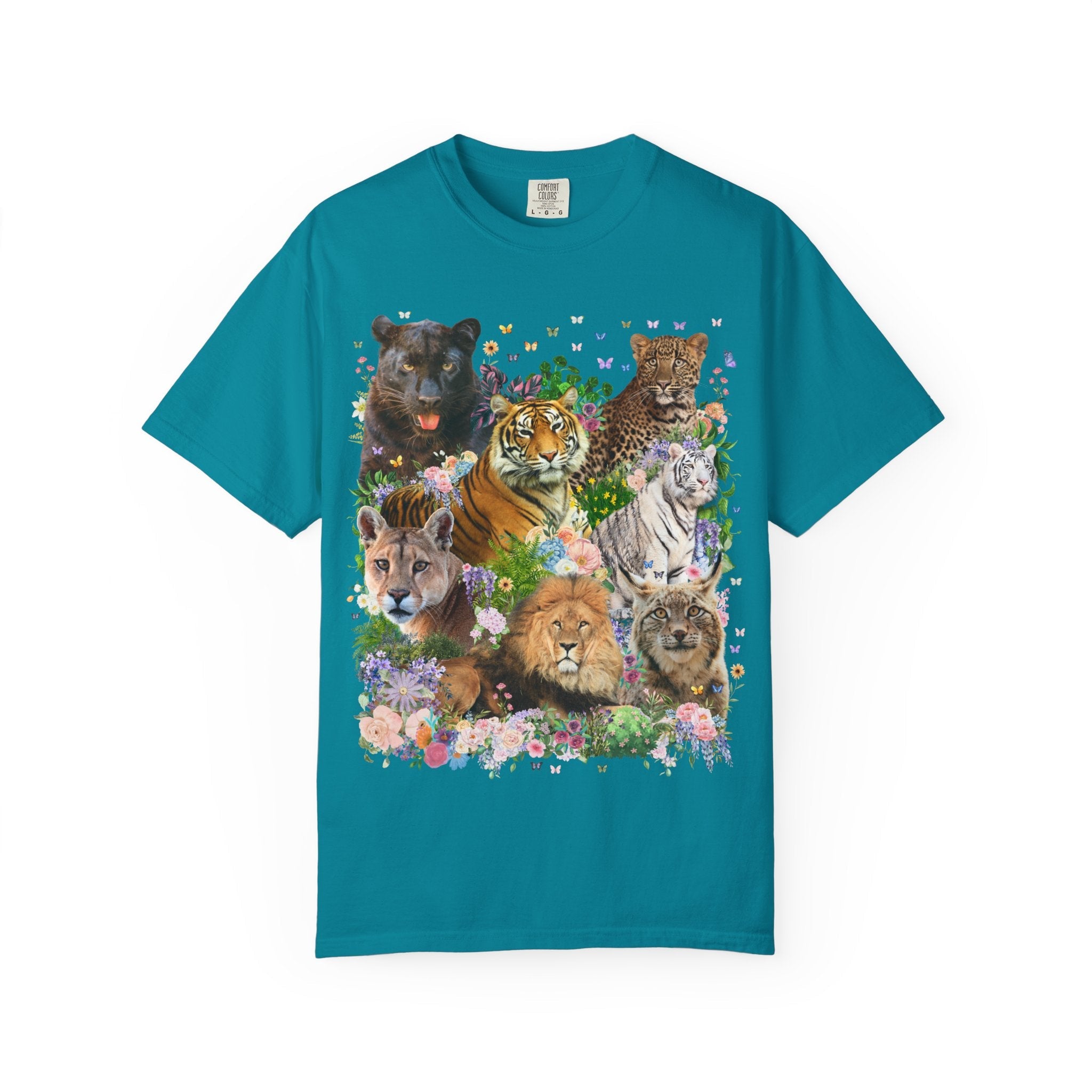 Floral Big Cat Collage Tee Shirt with Butterflies, Animal Lover 90s Aesthetic Wild Goblincore Tee Shirt with Flowers, Lion Panther Lynx Tee - Opal and June