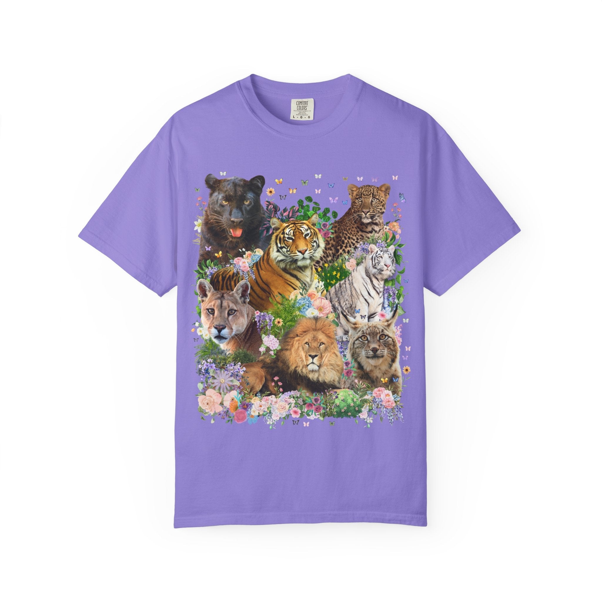 Floral Big Cat Collage Tee Shirt with Butterflies, Animal Lover 90s Aesthetic Wild Goblincore Tee Shirt with Flowers, Lion Panther Lynx Tee - Opal and June