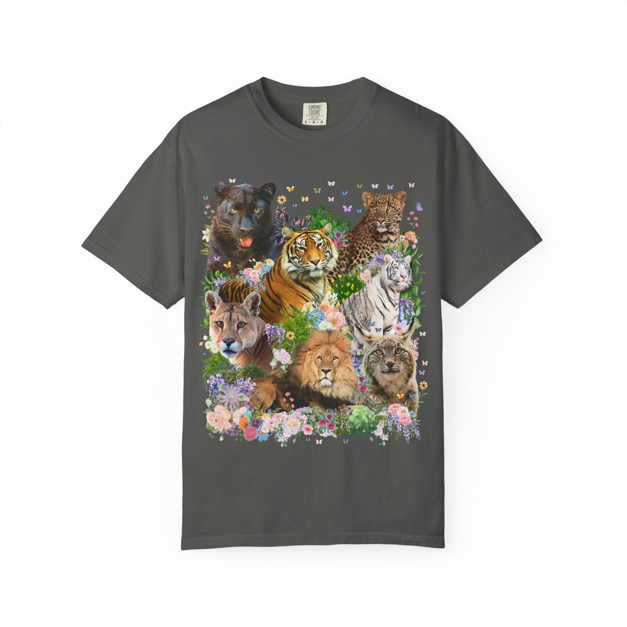 Floral Big Cat Collage Tee Shirt with Butterflies, Animal Lover 90s Aesthetic Wild Goblincore Tee Shirt with Flowers, Lion Panther Lynx Tee - Opal and June