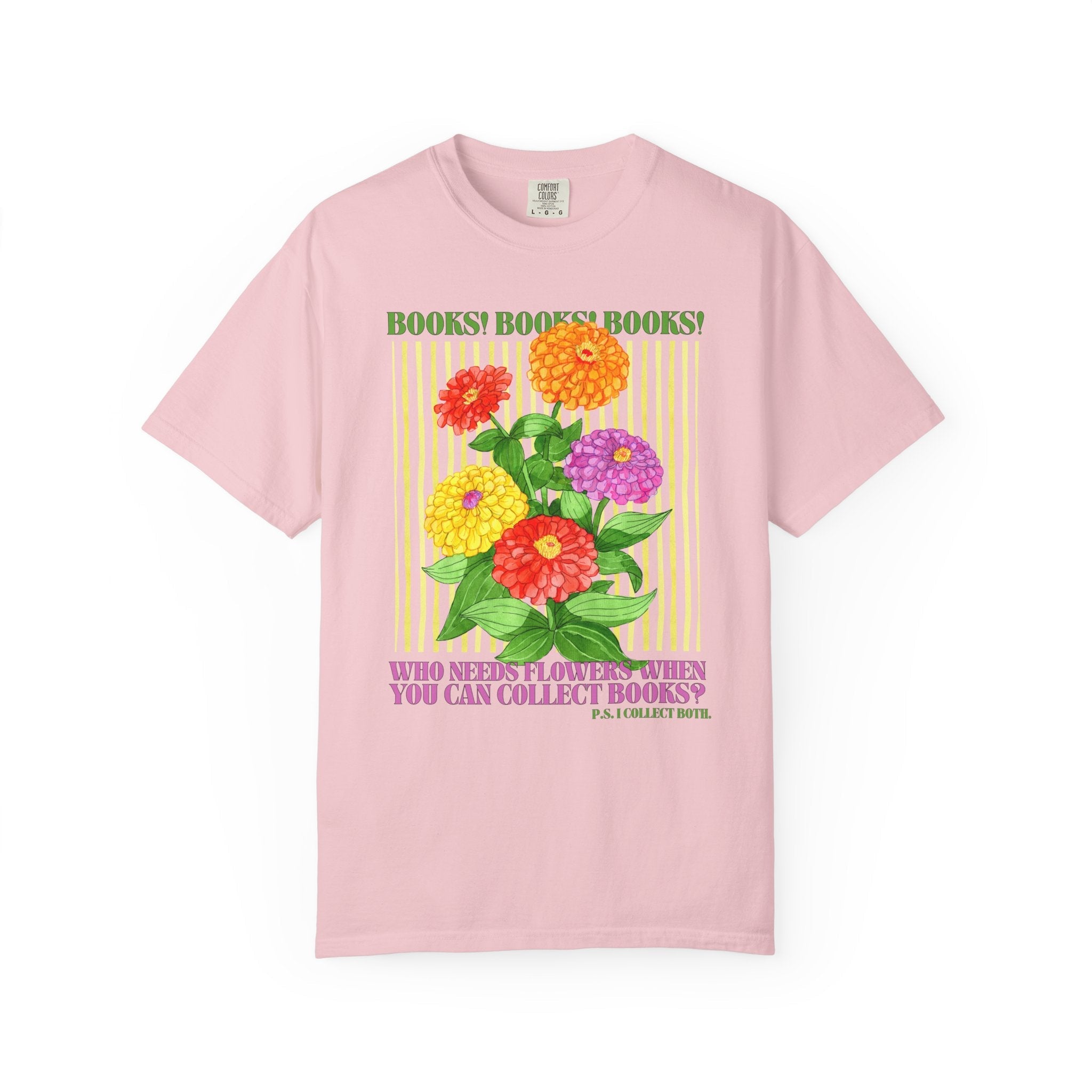 Floral Book Lover Tee Shirt for Reader Who Loves Reading and Cut Flowers, Gift for Mom Who Loves Books, Boho Romance Reader Tee with Zinnias - Opal and June