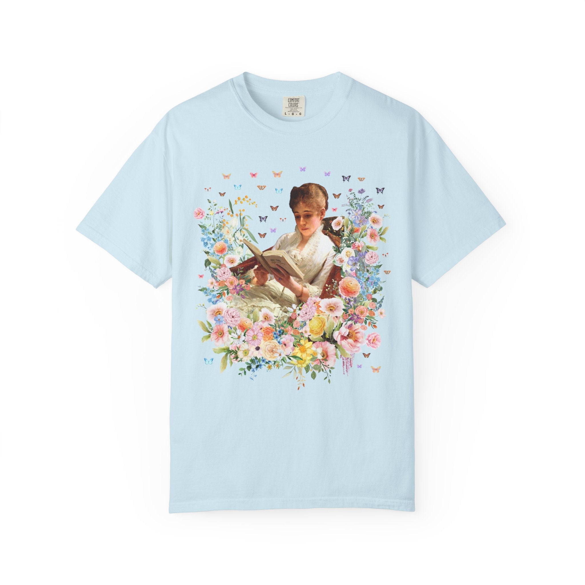 Floral Book Lover Tee Shirt: Portrait of a Woman Reading by Ivan Kramskoi, Floral Goblincore Reading Tee for Librarian or Romance Reader - Opal and June