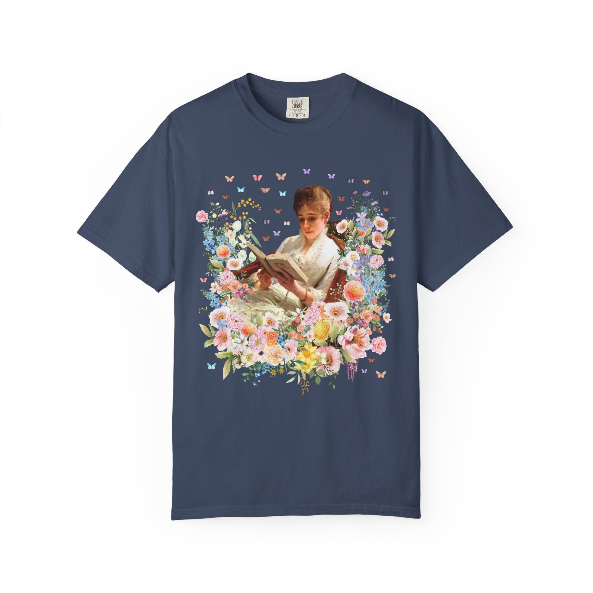 Floral Book Lover Tee Shirt: Portrait of a Woman Reading by Ivan Kramskoi, Floral Goblincore Reading Tee for Librarian or Romance Reader - Opal and June