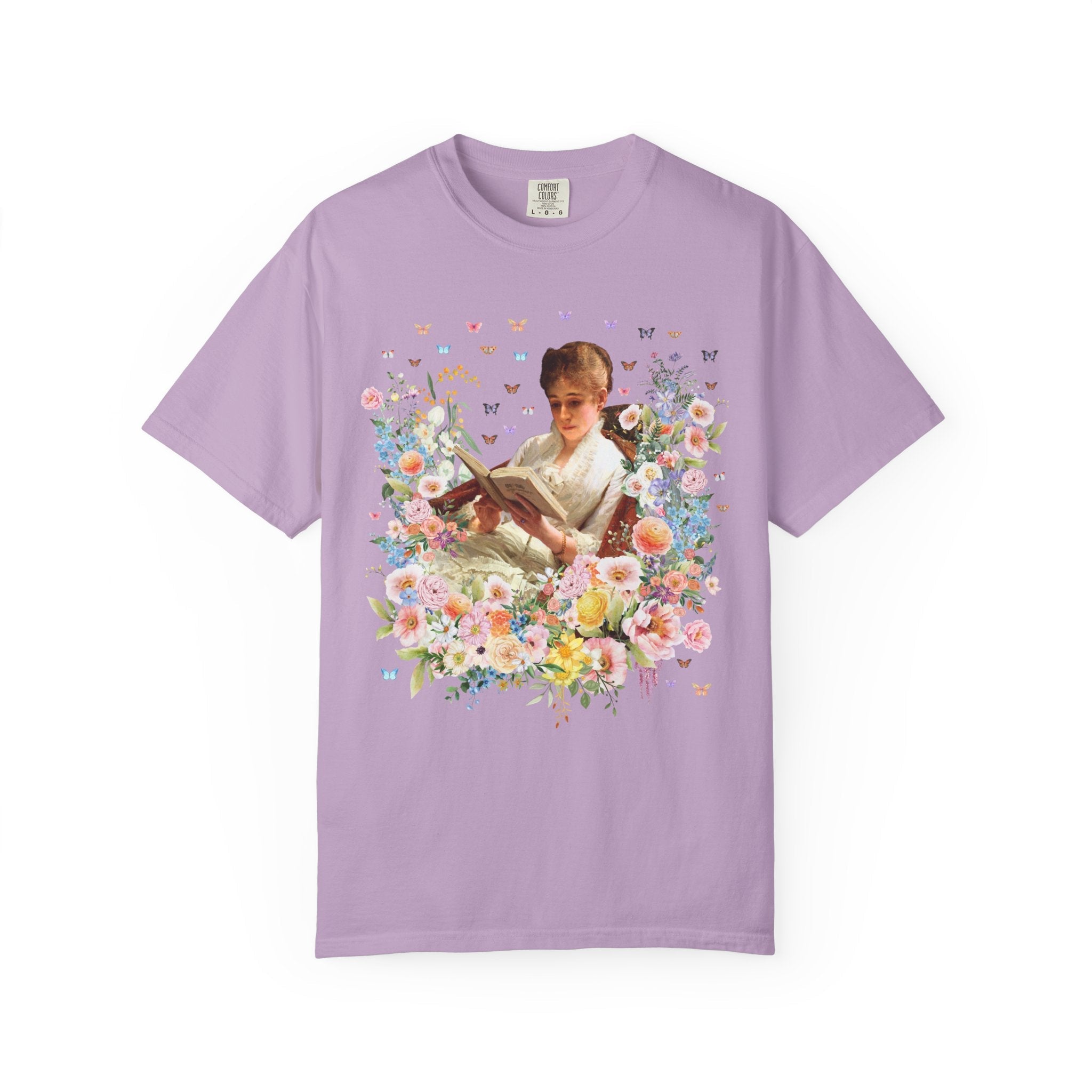 Floral Book Lover Tee Shirt: Portrait of a Woman Reading by Ivan Kramskoi, Floral Goblincore Reading Tee for Librarian or Romance Reader - Opal and June
