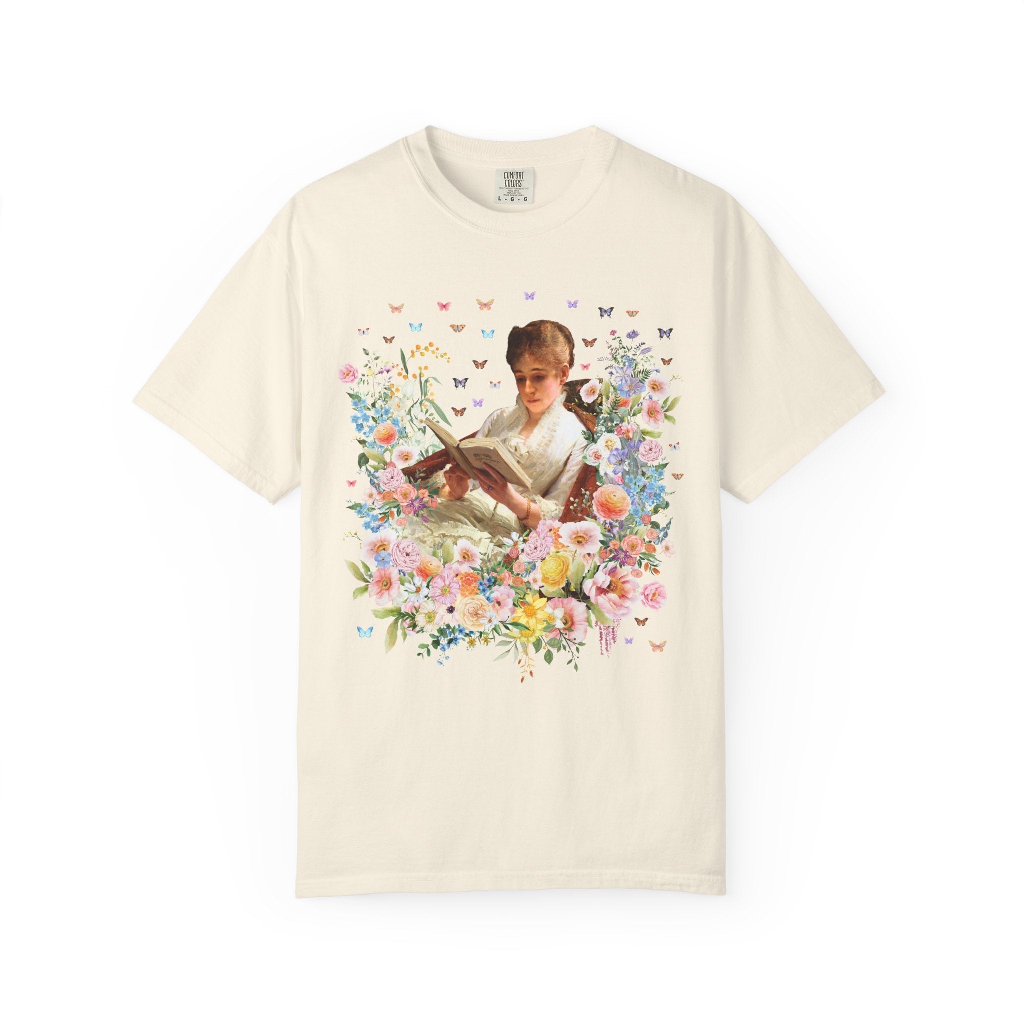 Floral Book Lover Tee Shirt: Portrait of a Woman Reading by Ivan Kramskoi, Floral Goblincore Reading Tee for Librarian or Romance Reader - Opal and June
