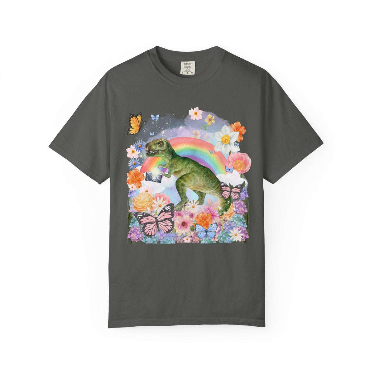 Floral Dinosaur Holding a Camera: Funny Photographer Tee - Opal and June