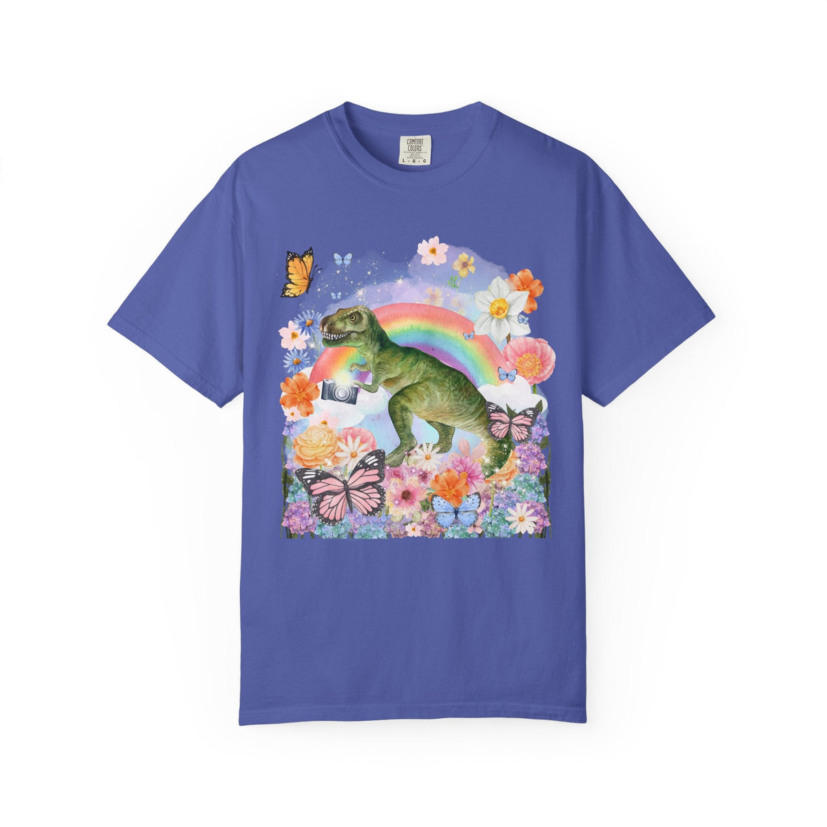 Floral Dinosaur Holding a Camera: Funny Photographer Tee - Opal and June