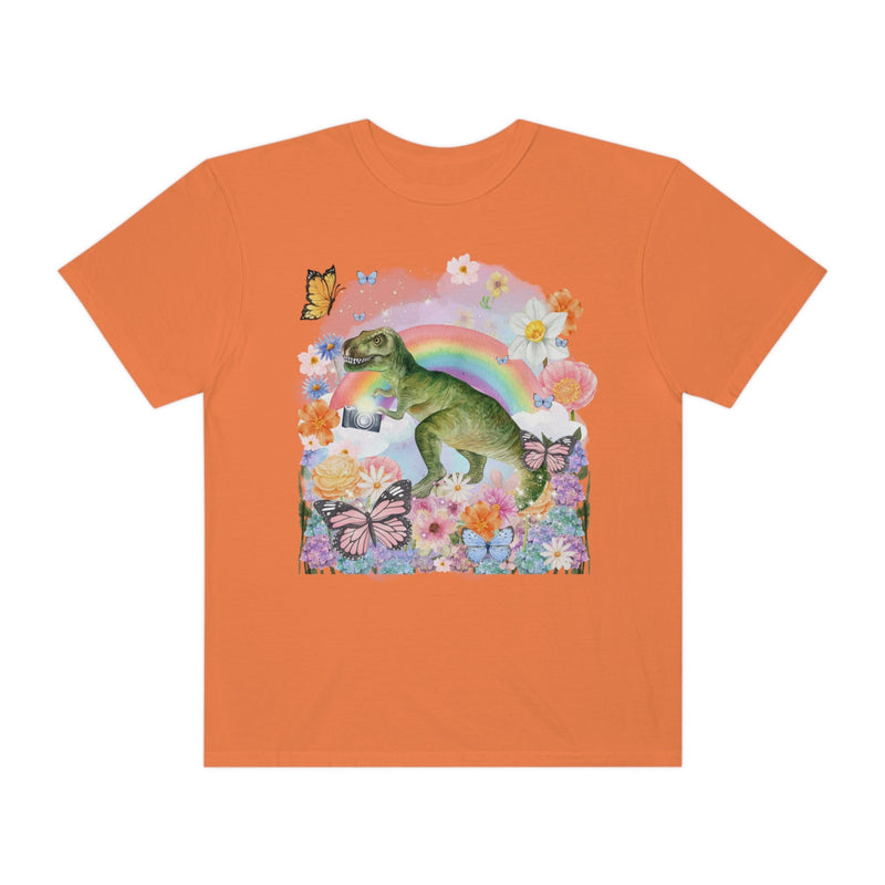 Floral Dinosaur Holding a Camera: Funny Photographer Tee - Opal and June