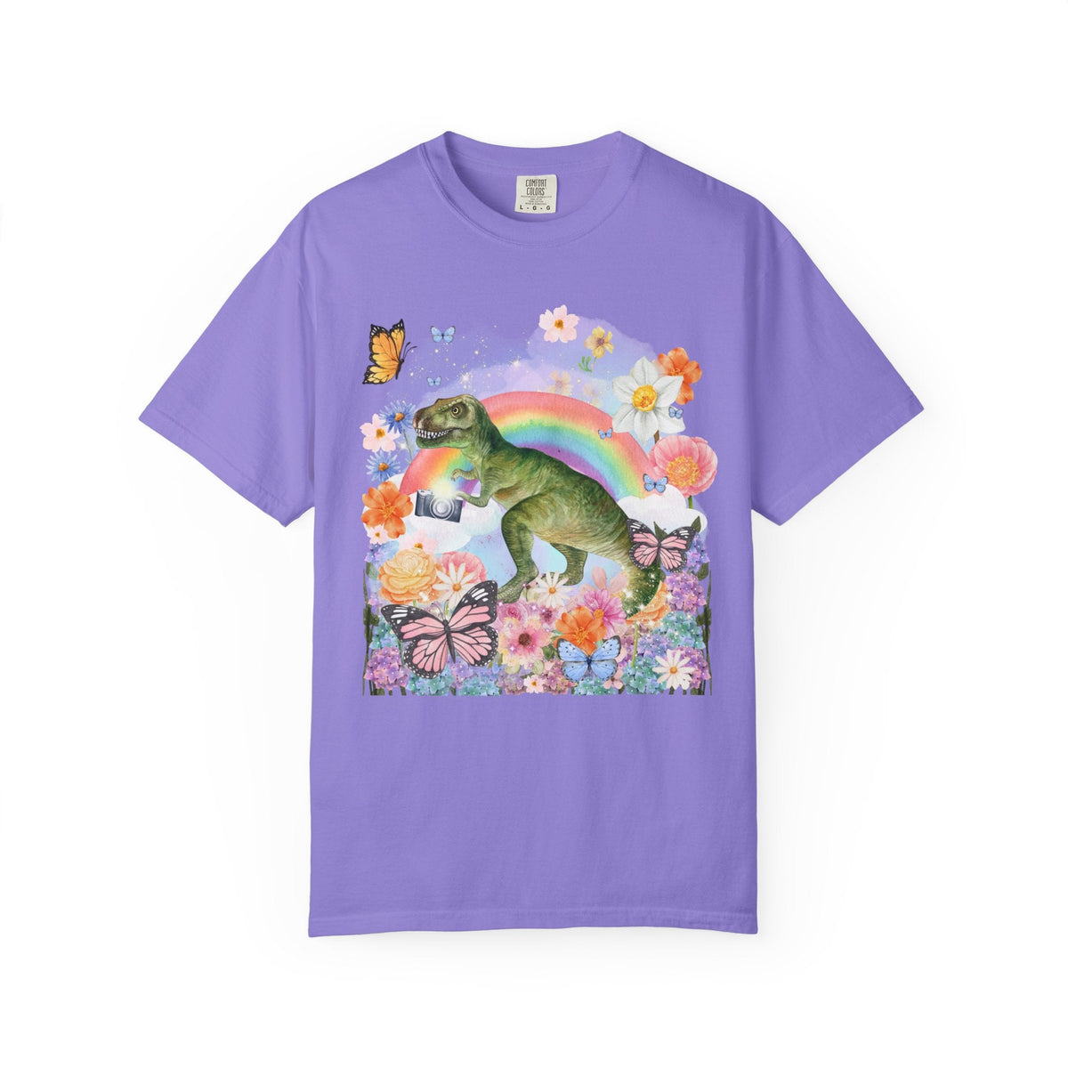Floral Dinosaur Holding a Camera: Funny Photographer Tee - Opal and June