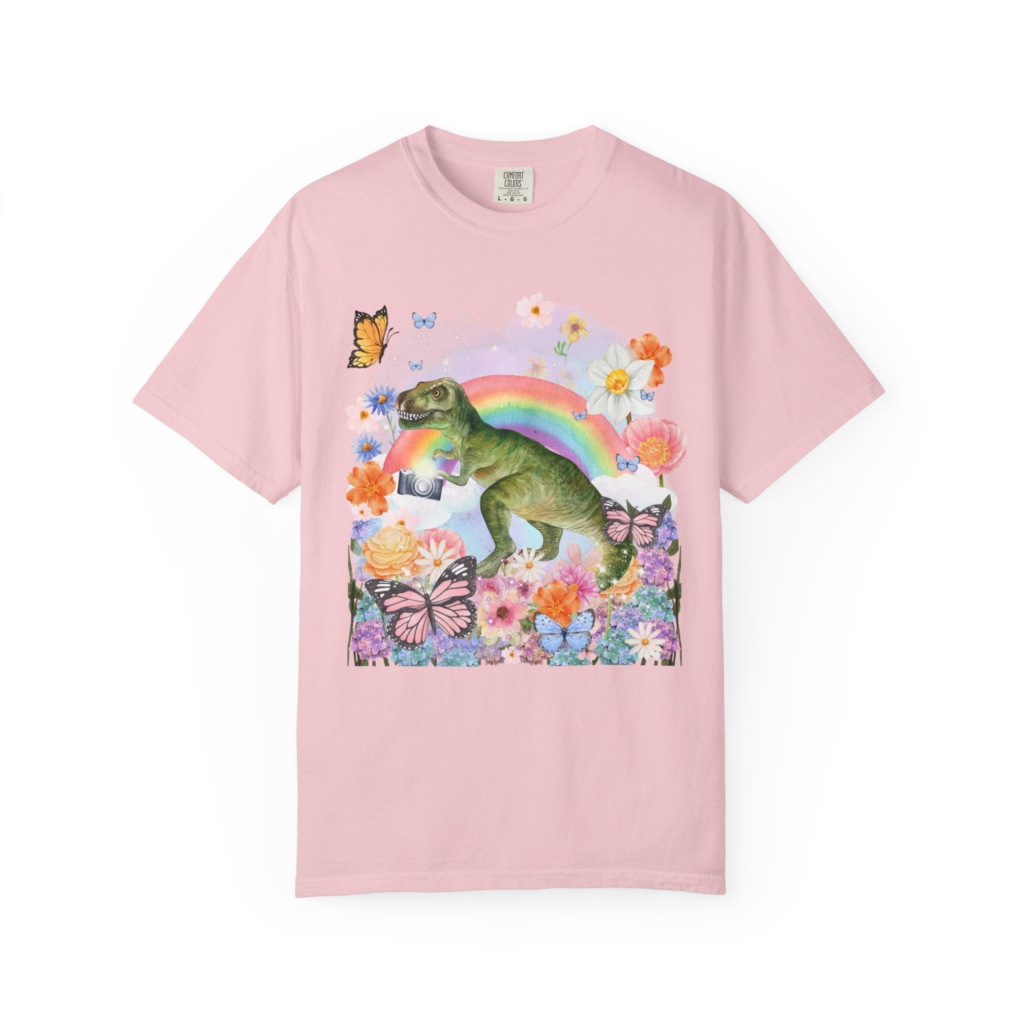 Floral Dinosaur Holding a Camera: Funny Photographer Tee - Opal and June