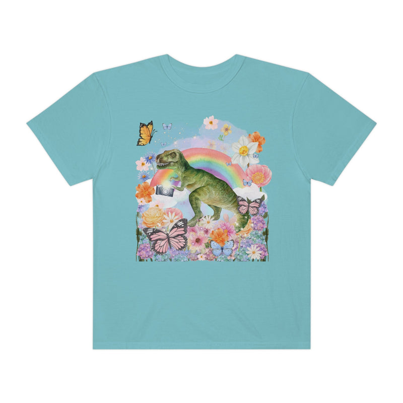 Floral Dinosaur Holding a Camera: Funny Photographer Tee - Opal and June