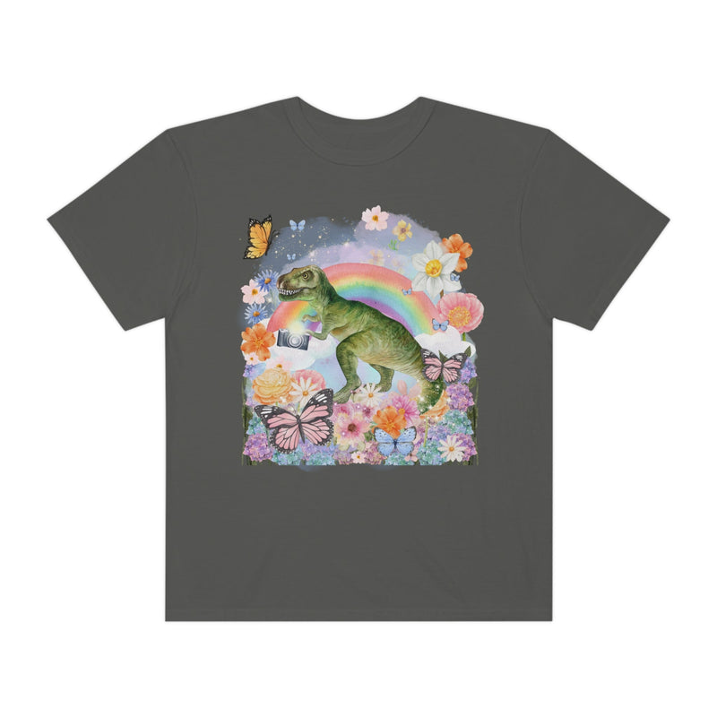 Floral Dinosaur Holding a Camera: Funny Photographer Tee - Opal and June