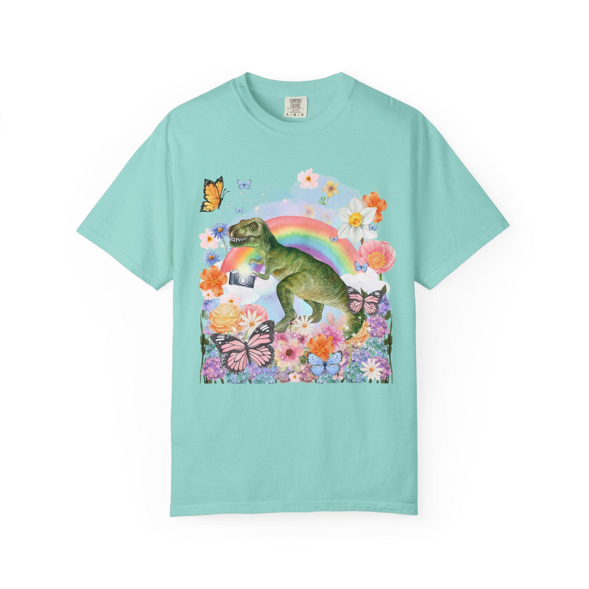 Floral Dinosaur Holding a Camera: Funny Photographer Tee - Opal and June