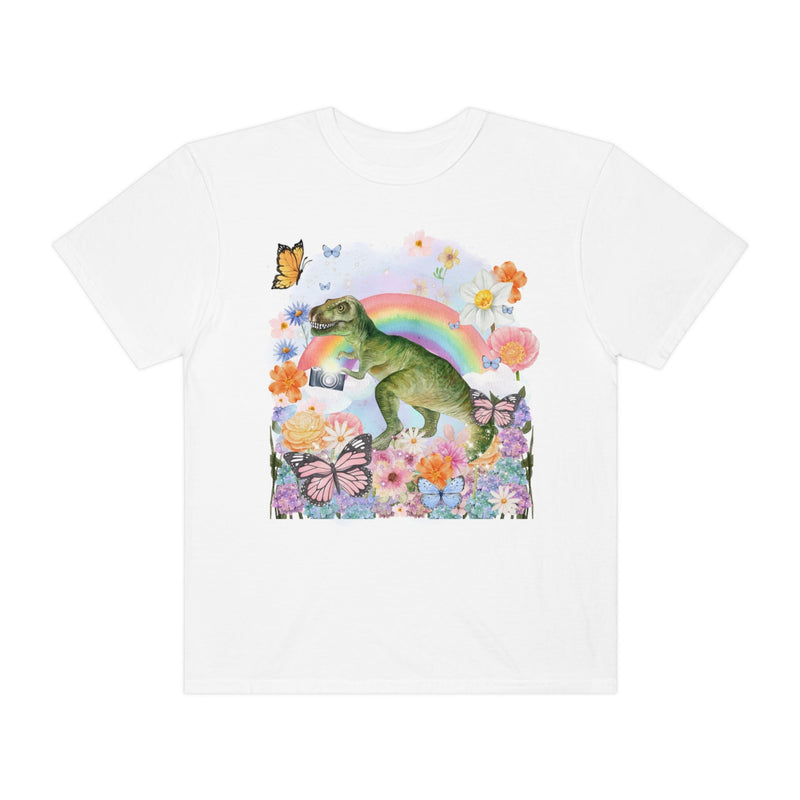 Floral Dinosaur Holding a Camera: Funny Photographer Tee - Opal and June