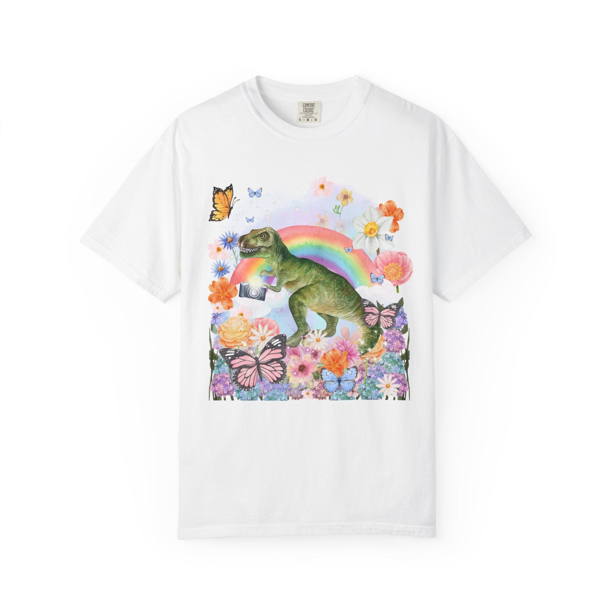 Floral Dinosaur Holding a Camera: Funny Photographer Tee - Opal and June