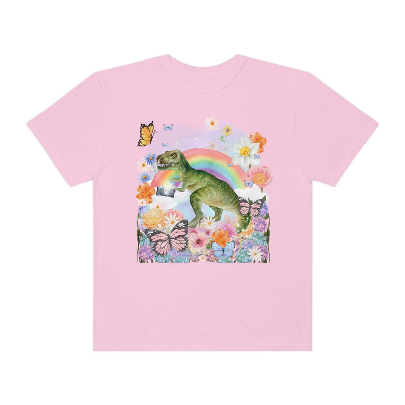 Floral Dinosaur Holding a Camera: Funny Photographer Tee - Opal and June