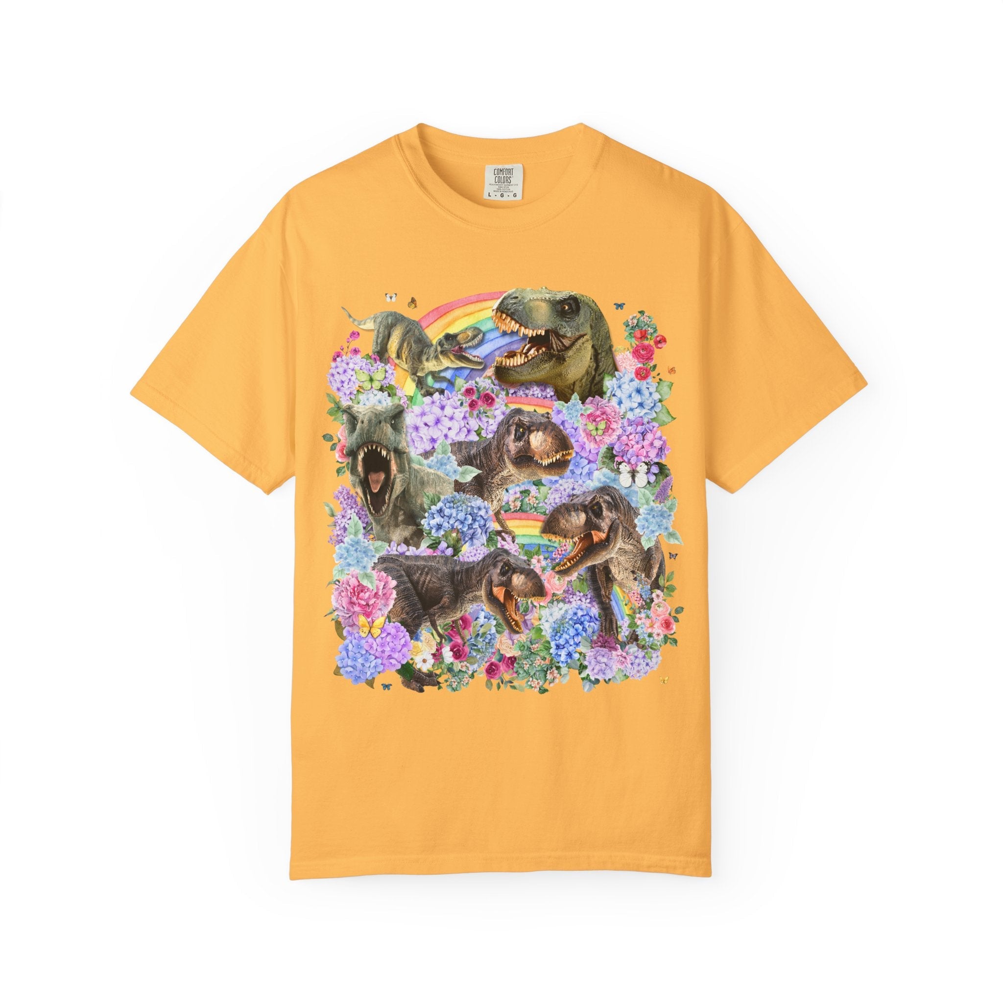Floral Dinosaur Lover Tee Shirt with Rainbows and Hydrangea Flowers, Butterly Lover T - Rex Tee Shirt for Paleontologist or Science Major - Opal and June