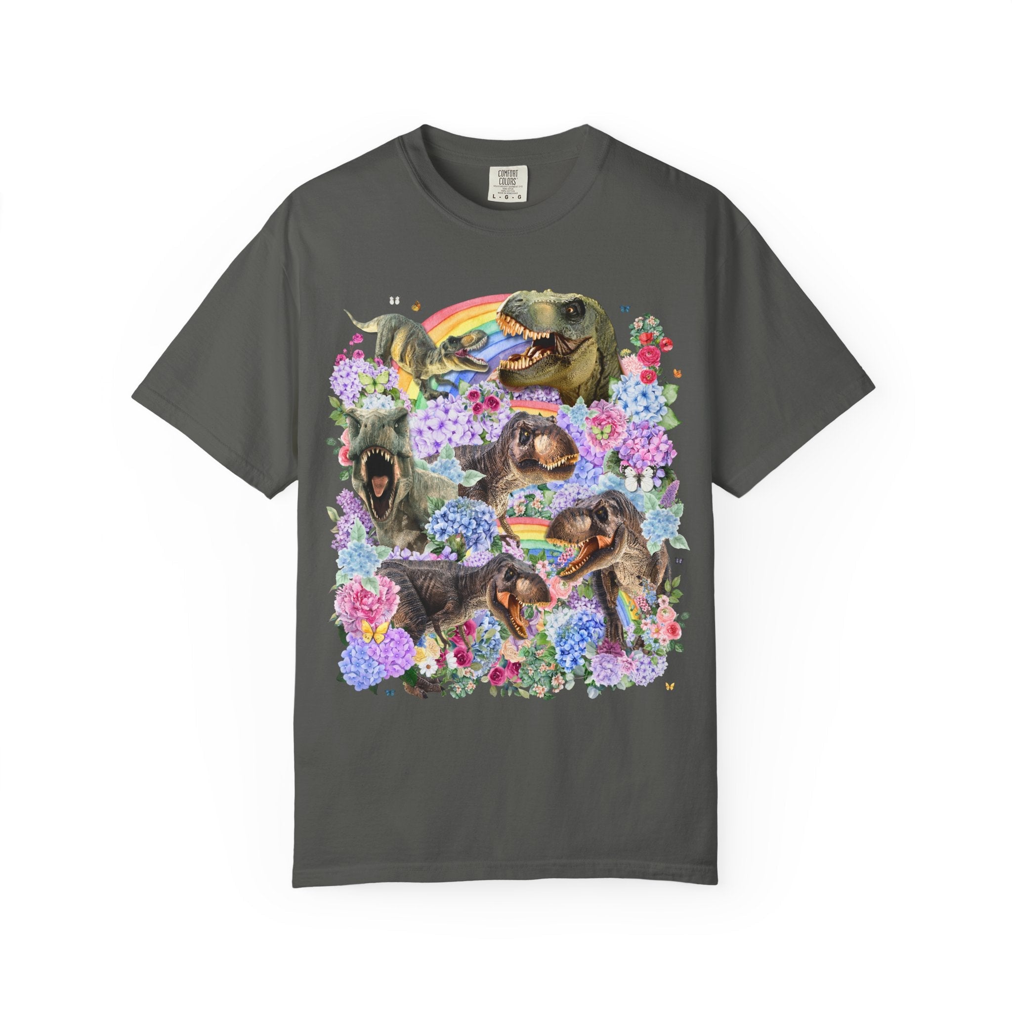 Floral Dinosaur Lover Tee Shirt with Rainbows and Hydrangea Flowers, Butterly Lover T - Rex Tee Shirt for Paleontologist or Science Major - Opal and June