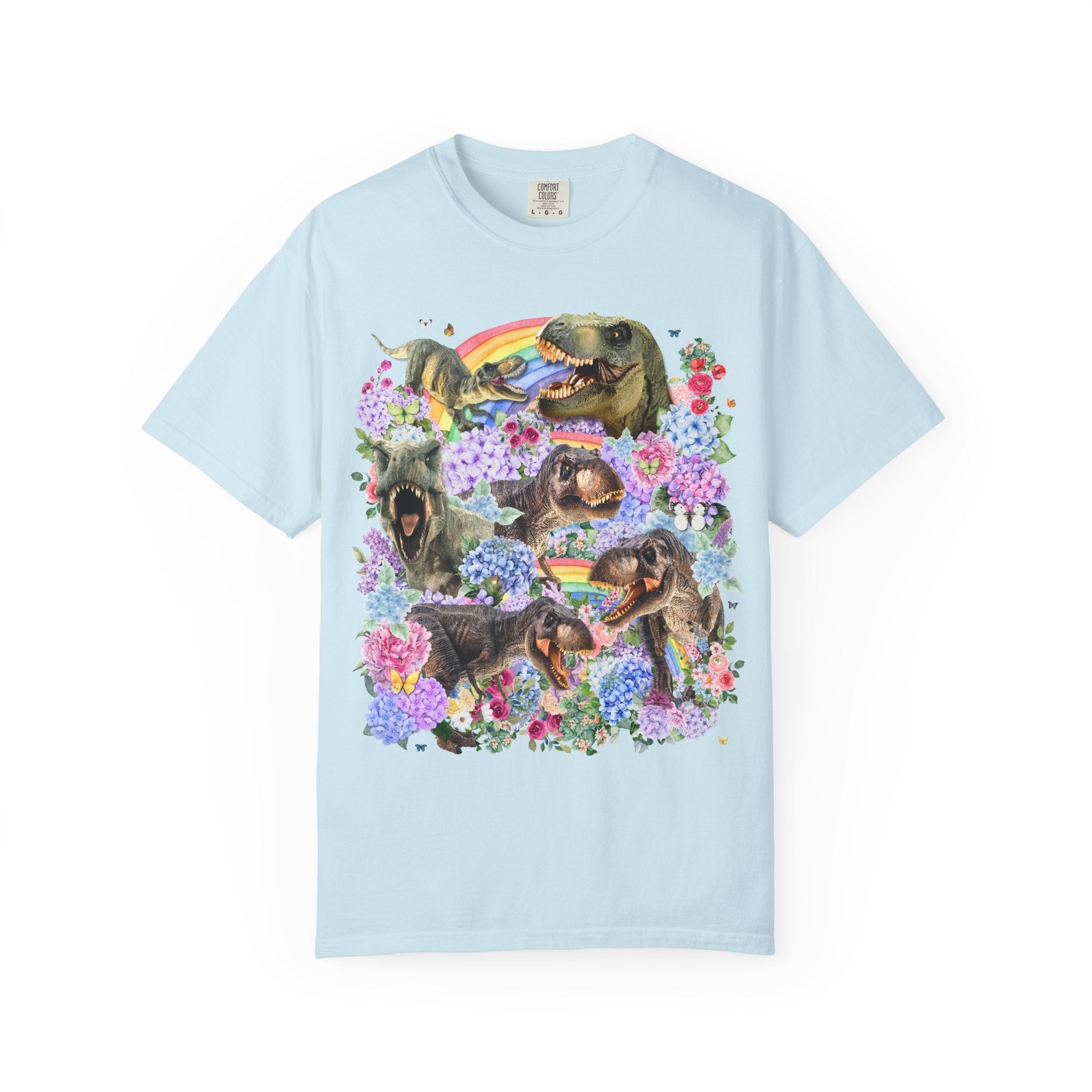 Floral Dinosaur Lover Tee Shirt with Rainbows and Hydrangea Flowers, Butterly Lover T - Rex Tee Shirt for Paleontologist or Science Major - Opal and June