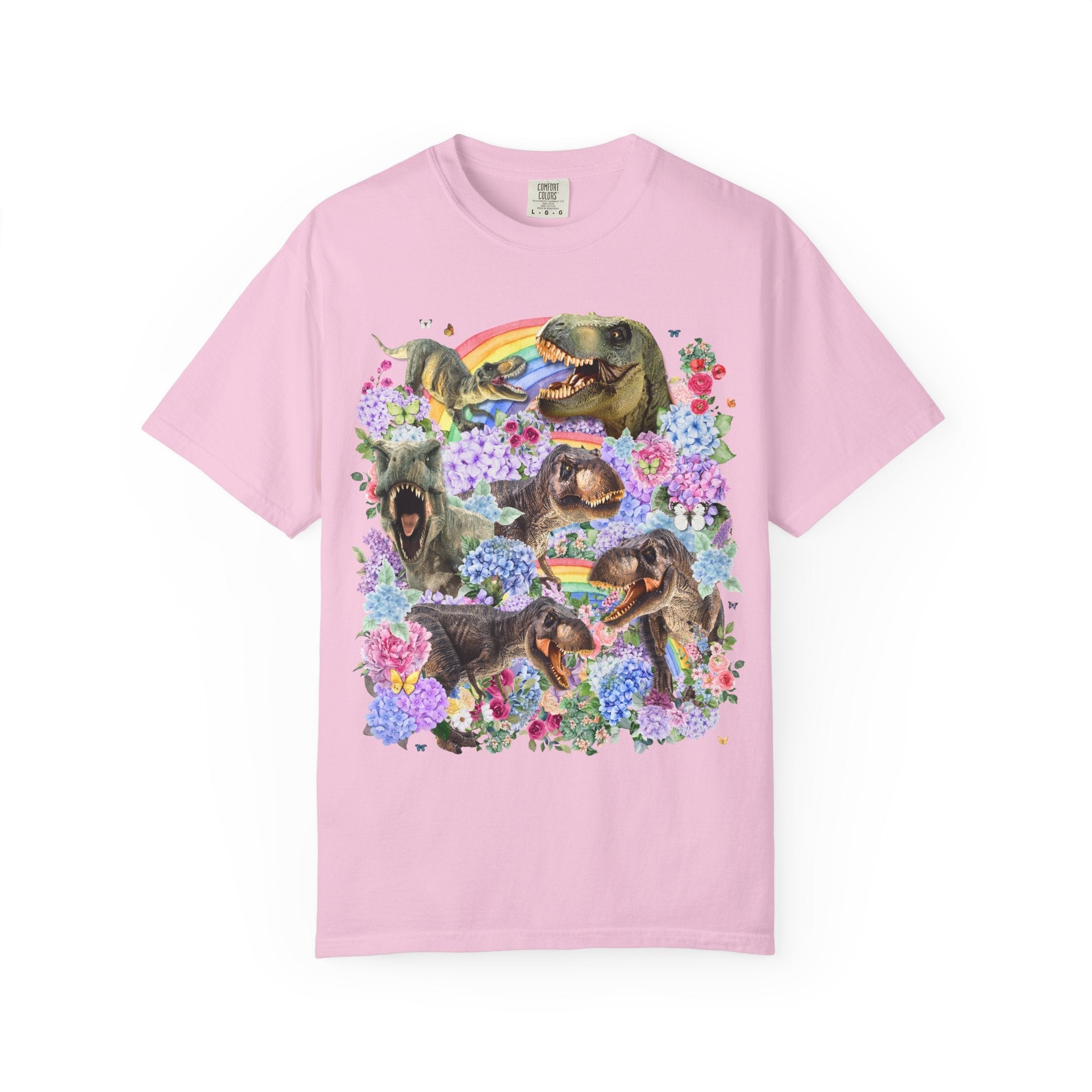 Floral Dinosaur Lover Tee Shirt with Rainbows and Hydrangea Flowers, Butterly Lover T - Rex Tee Shirt for Paleontologist or Science Major - Opal and June