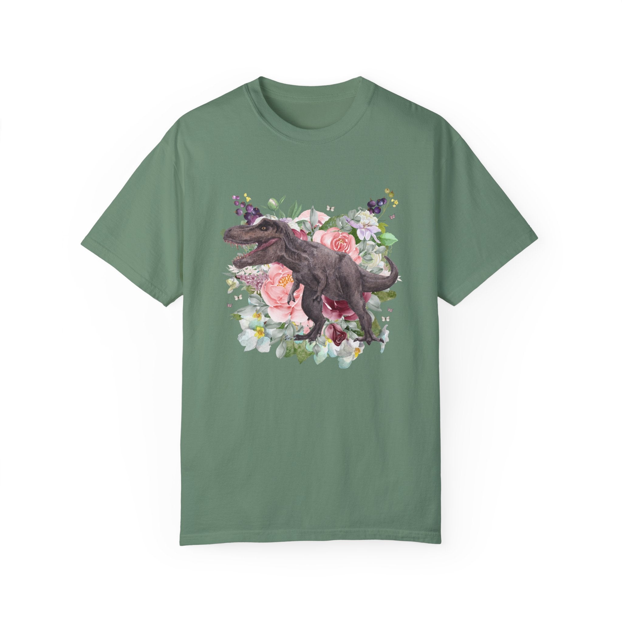 Floral Dinosaur Tee Shirt in Jewel Tones: Boho Cottagecore Style | Gift for Dinosaur Lover, Trendy T - Rex Shirt with Flowers, Fun Dino Tee - Opal and June