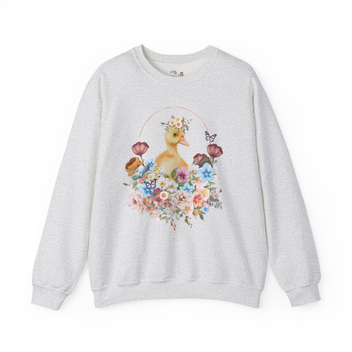 Floral Duck Sweatshirt with Butterfly | Cute Duck Sweatshirt, Floral Collage Sweatshirt, Duck with Flower Crown, Duckling Sitting in Flowers - Opal and June