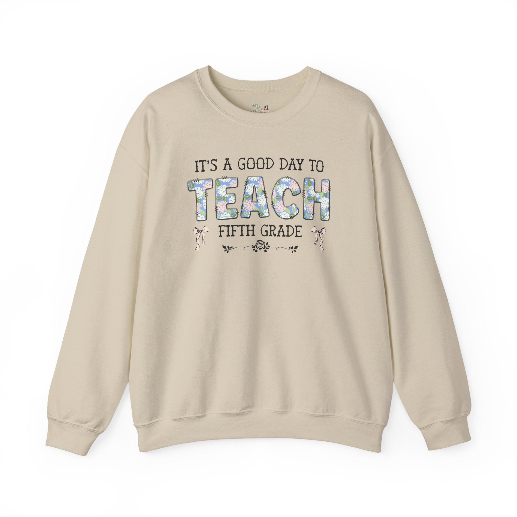 Floral Fifth Grade Teacher Sweatshirt with Cute Bows, Matching Back to School Crewneck with Flowers, First Day of School Teacher Team Shirt - Opal and June