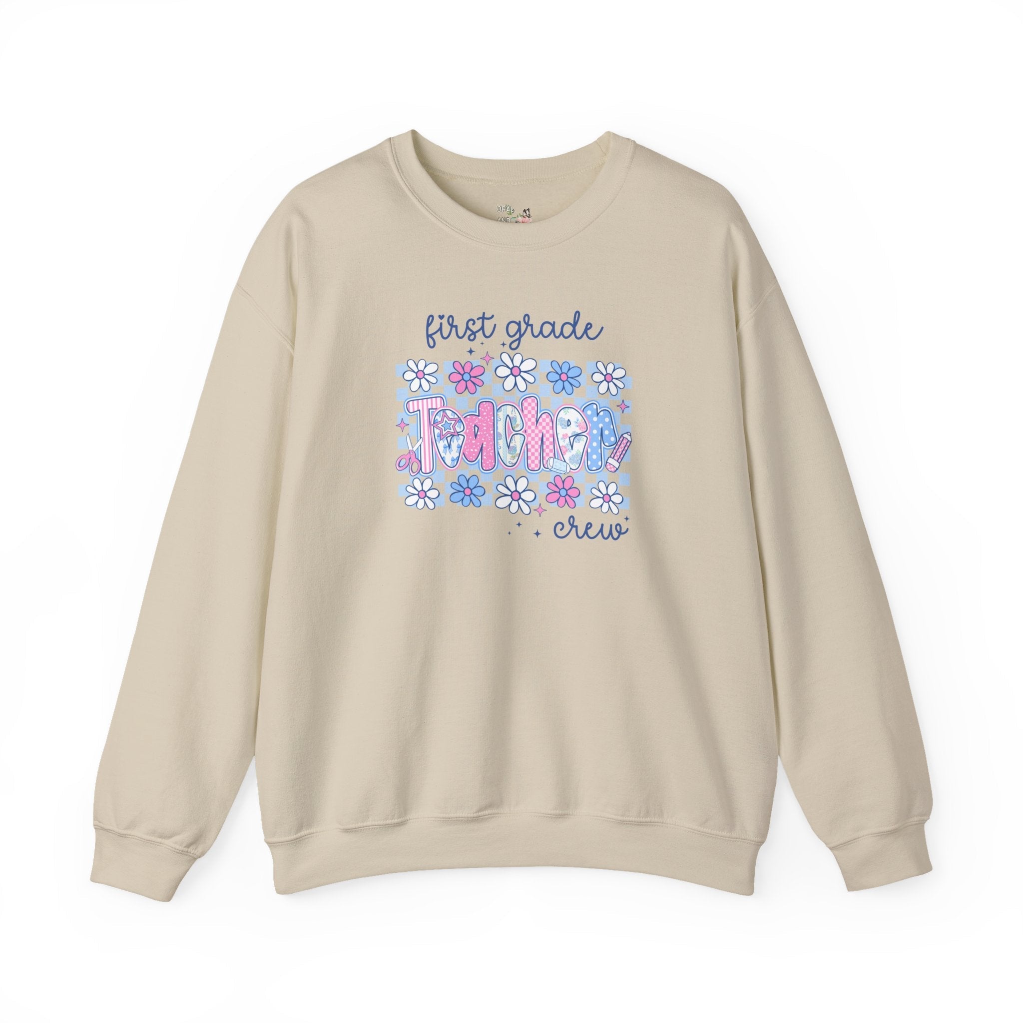 Floral First Grade Crew Matching Teacher Sweatshirt, Back To School First Grade Team Shirt, First Day of School or Meet the Teacher Night - Opal and June