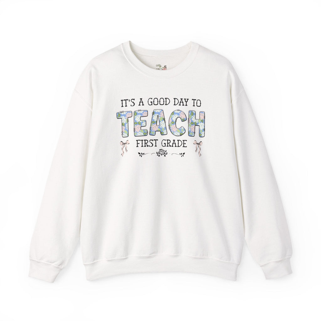 Floral First Grade Teacher Sweatshirt with Cute Bows, Matching Back to School Crewneck with Flowers, First Day of School Teacher Team Shirt - Opal and June