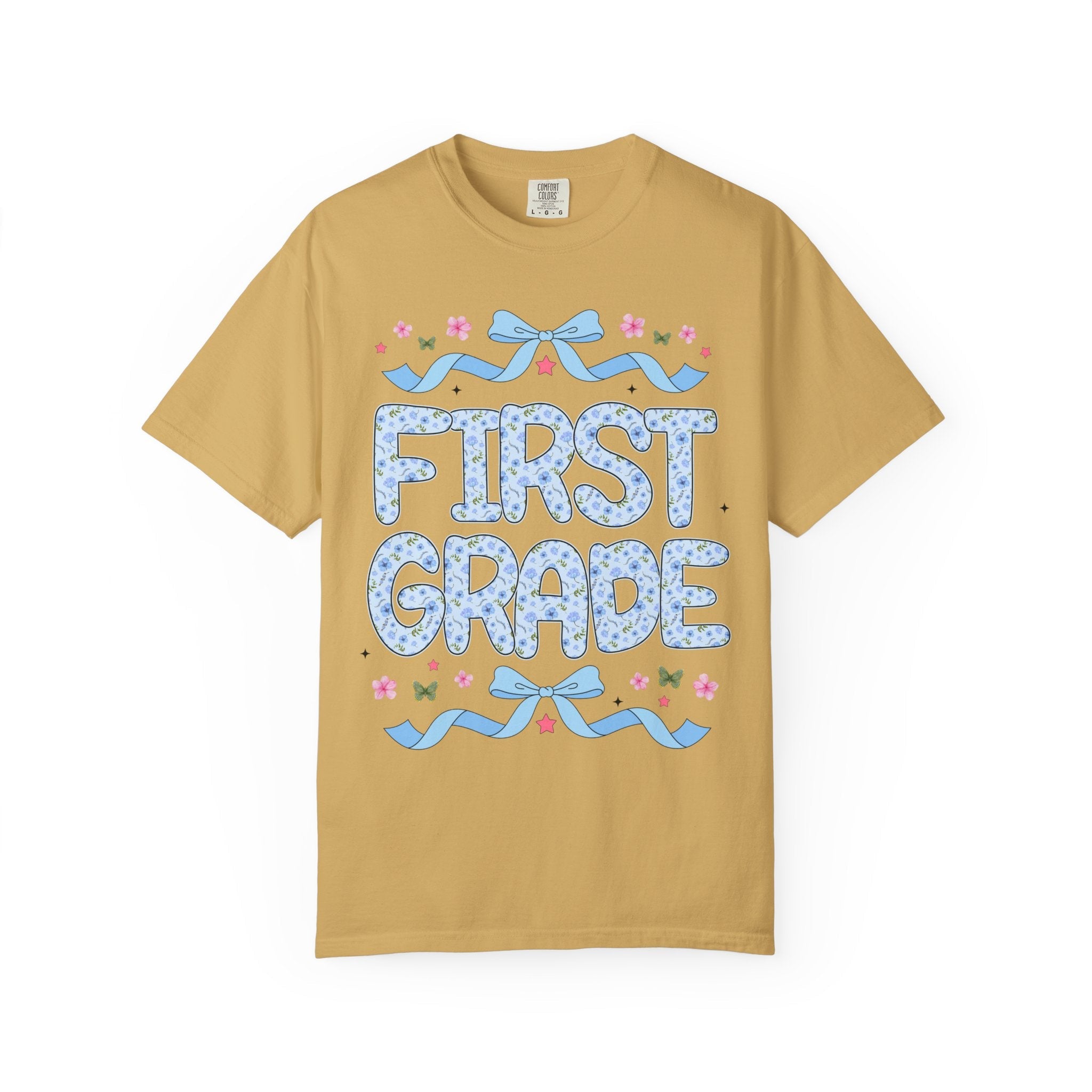 Floral First Grade Teacher Tee Shirt, Matching Teacher Team T-Shirt with Bow and Flowers, Cute Dreamcore 90s Aesthetic Back to School Tee - Opal and June