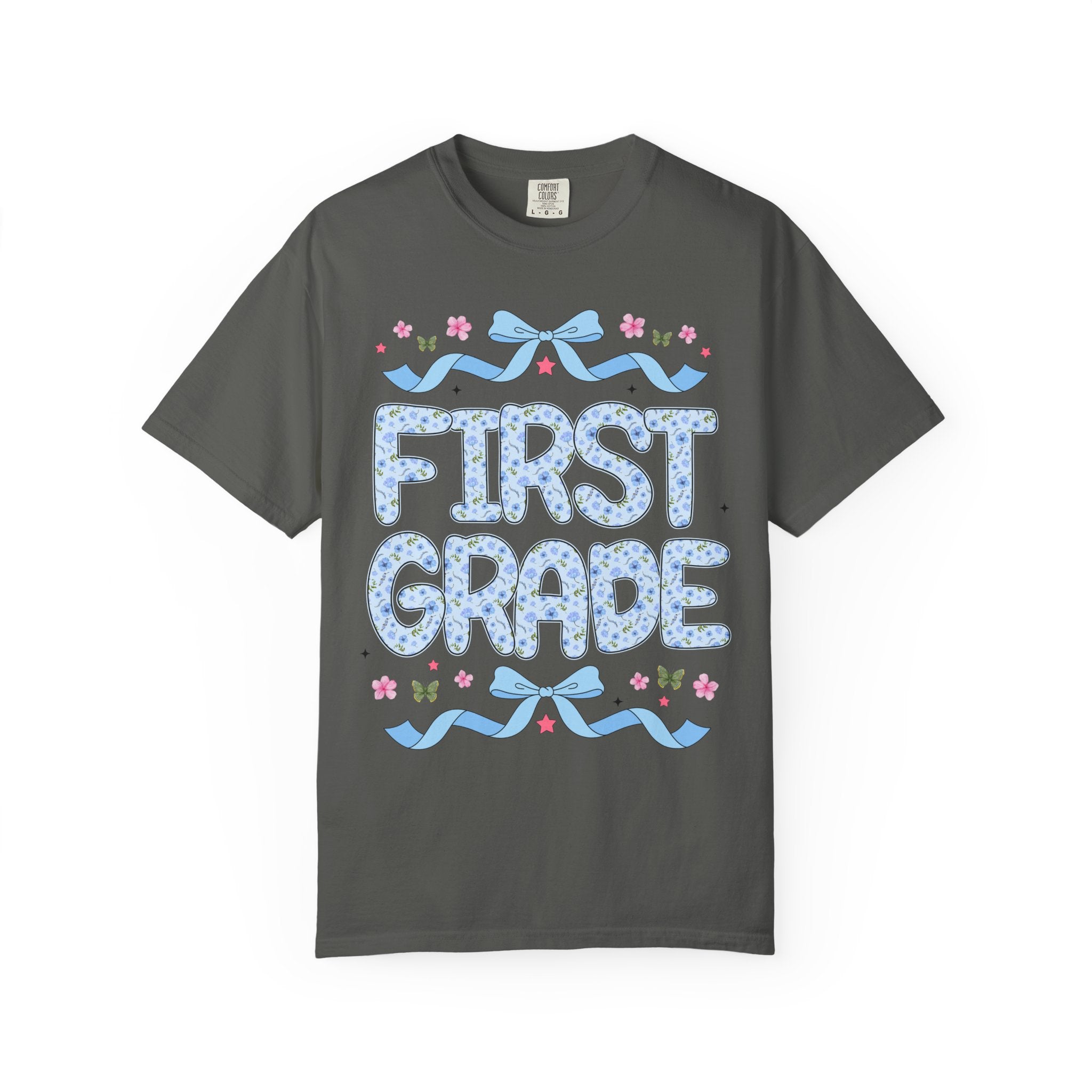 Floral First Grade Teacher Tee Shirt, Matching Teacher Team T-Shirt with Bow and Flowers, Cute Dreamcore 90s Aesthetic Back to School Tee - Opal and June