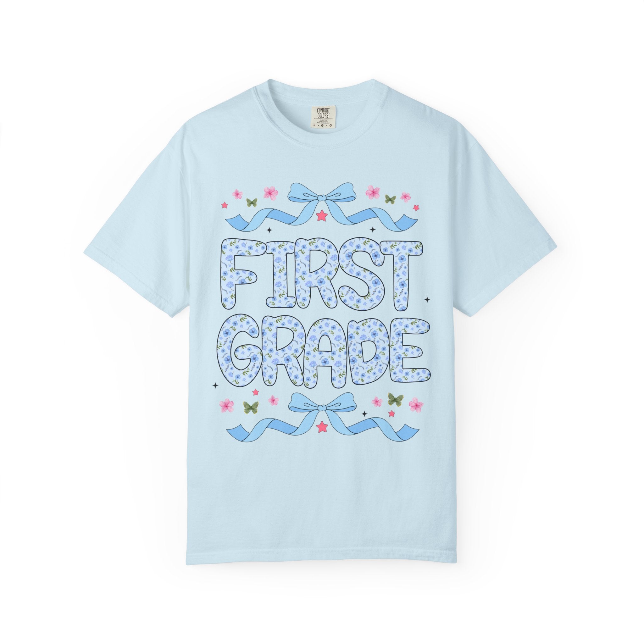 Floral First Grade Teacher Tee Shirt, Matching Teacher Team T-Shirt with Bow and Flowers, Cute Dreamcore 90s Aesthetic Back to School Tee - Opal and June