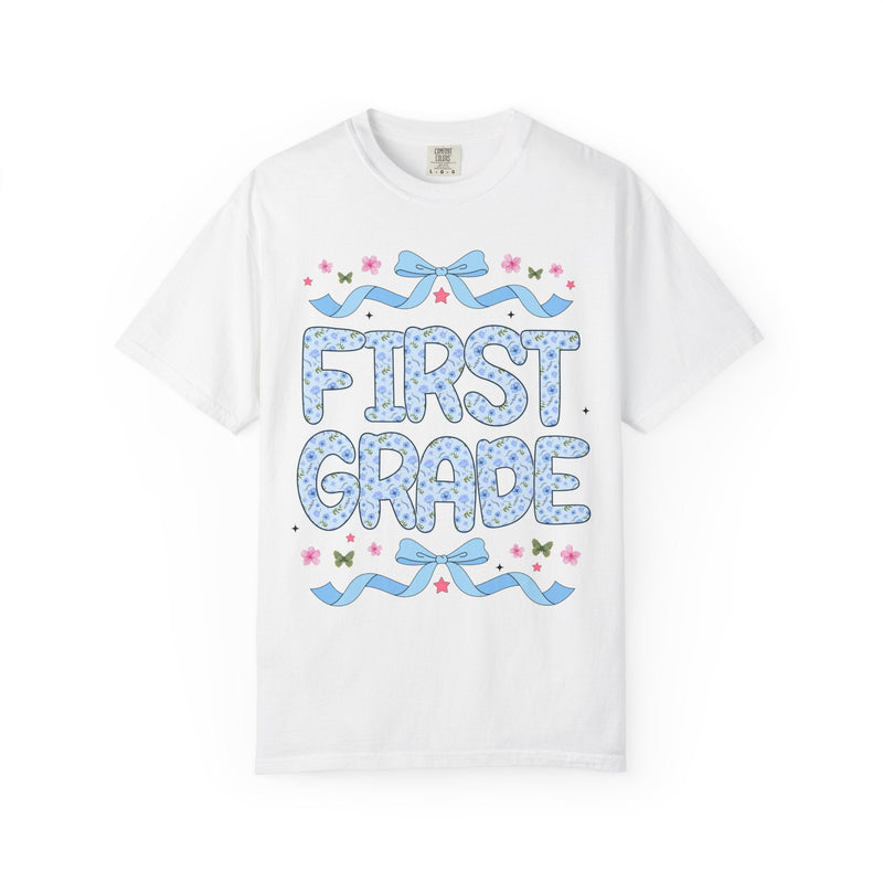 Floral First Grade Teacher Tee Shirt, Matching Teacher Team T-Shirt with Bow and Flowers, Cute Dreamcore 90s Aesthetic Back to School Tee - Opal and June