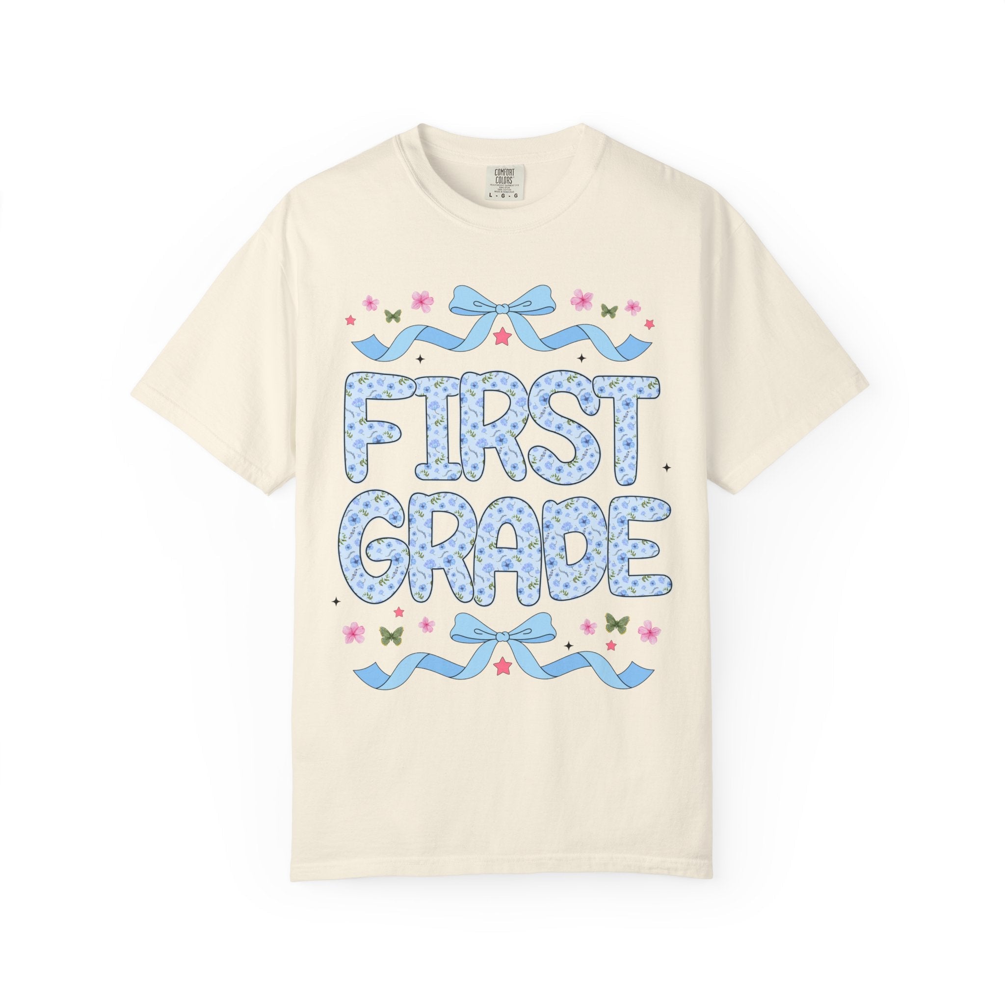 Floral First Grade Teacher Tee Shirt, Matching Teacher Team T-Shirt with Bow and Flowers, Cute Dreamcore 90s Aesthetic Back to School Tee - Opal and June