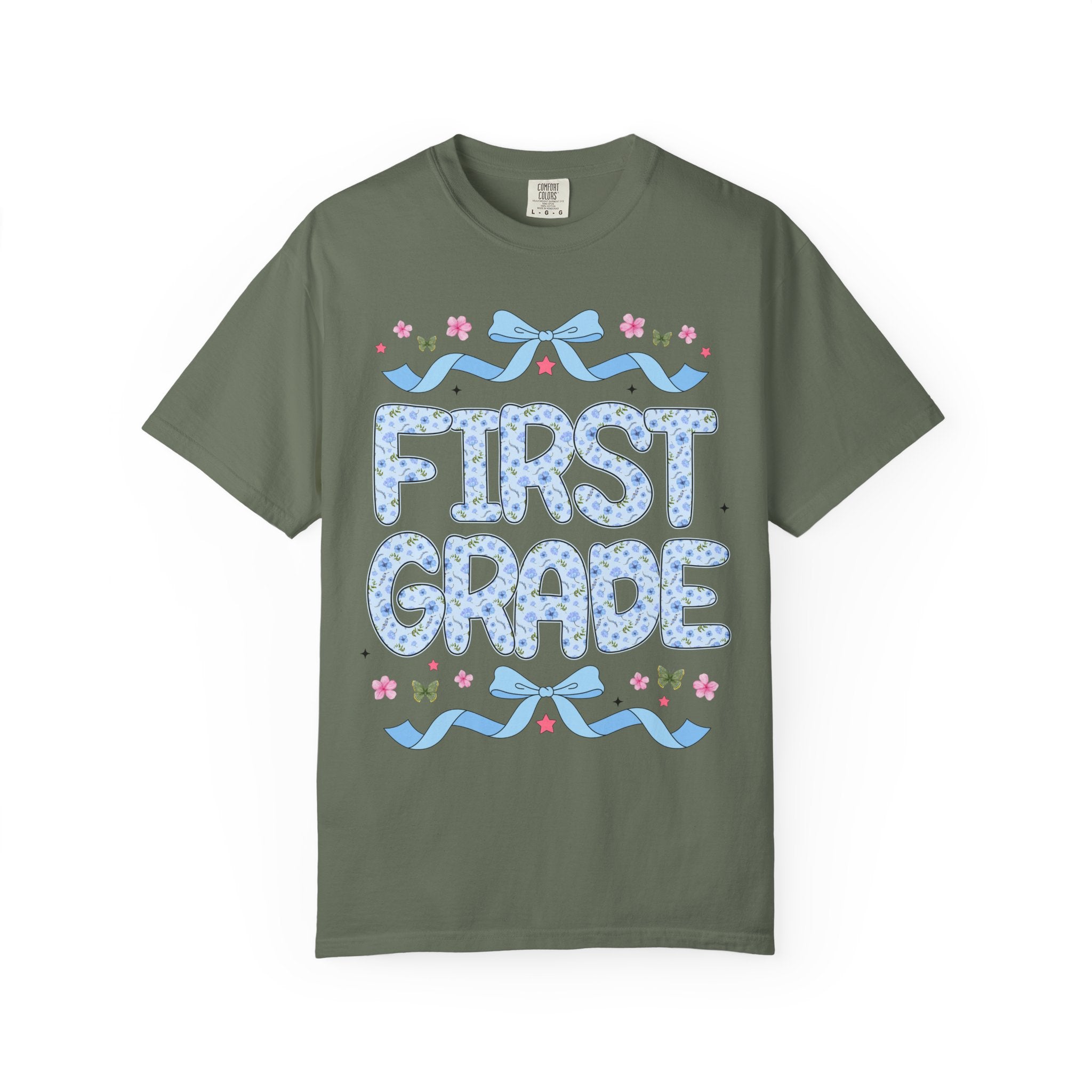 Floral First Grade Teacher Tee Shirt, Matching Teacher Team T-Shirt with Bow and Flowers, Cute Dreamcore 90s Aesthetic Back to School Tee - Opal and June
