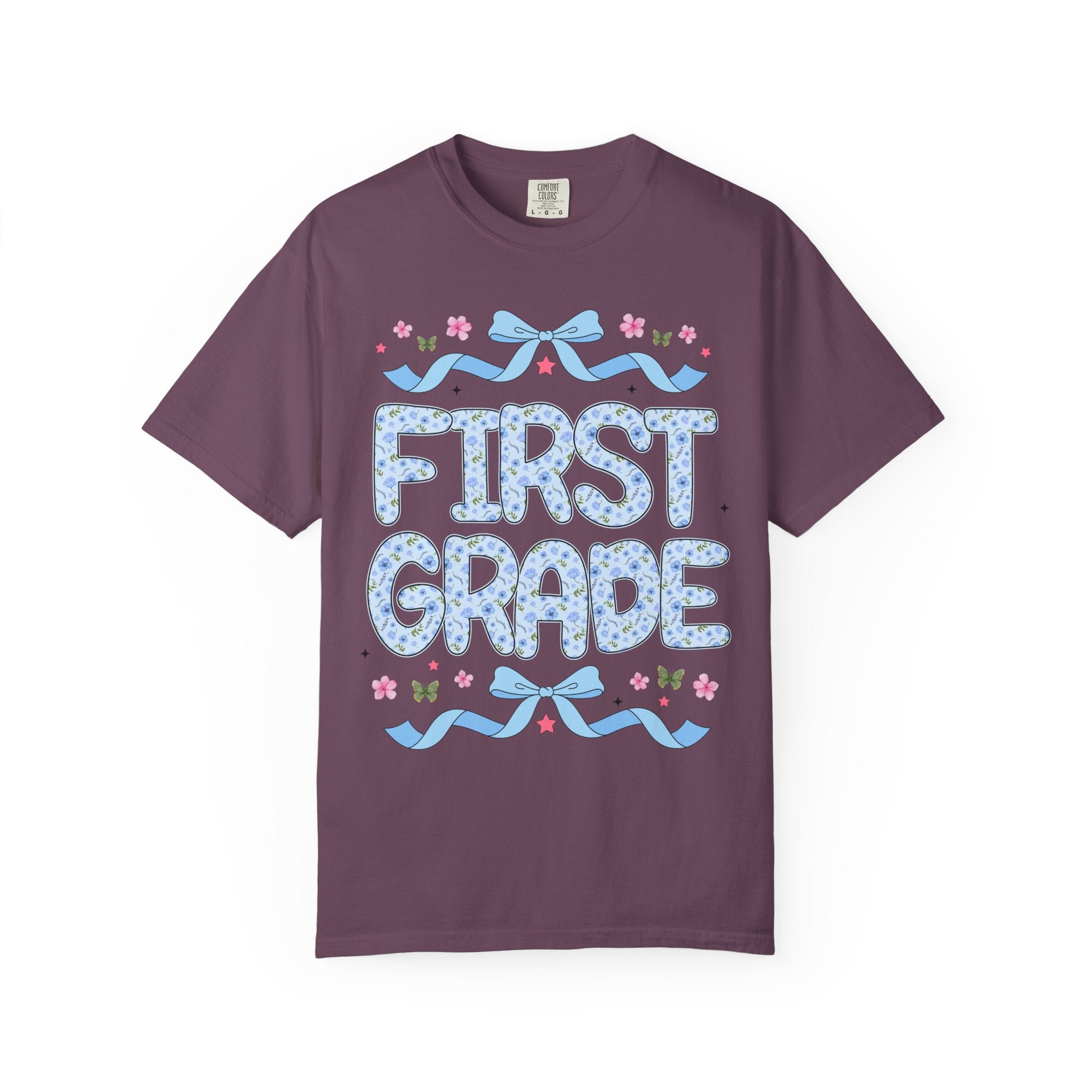 Floral First Grade Teacher Tee Shirt, Matching Teacher Team T-Shirt with Bow and Flowers, Cute Dreamcore 90s Aesthetic Back to School Tee - Opal and June