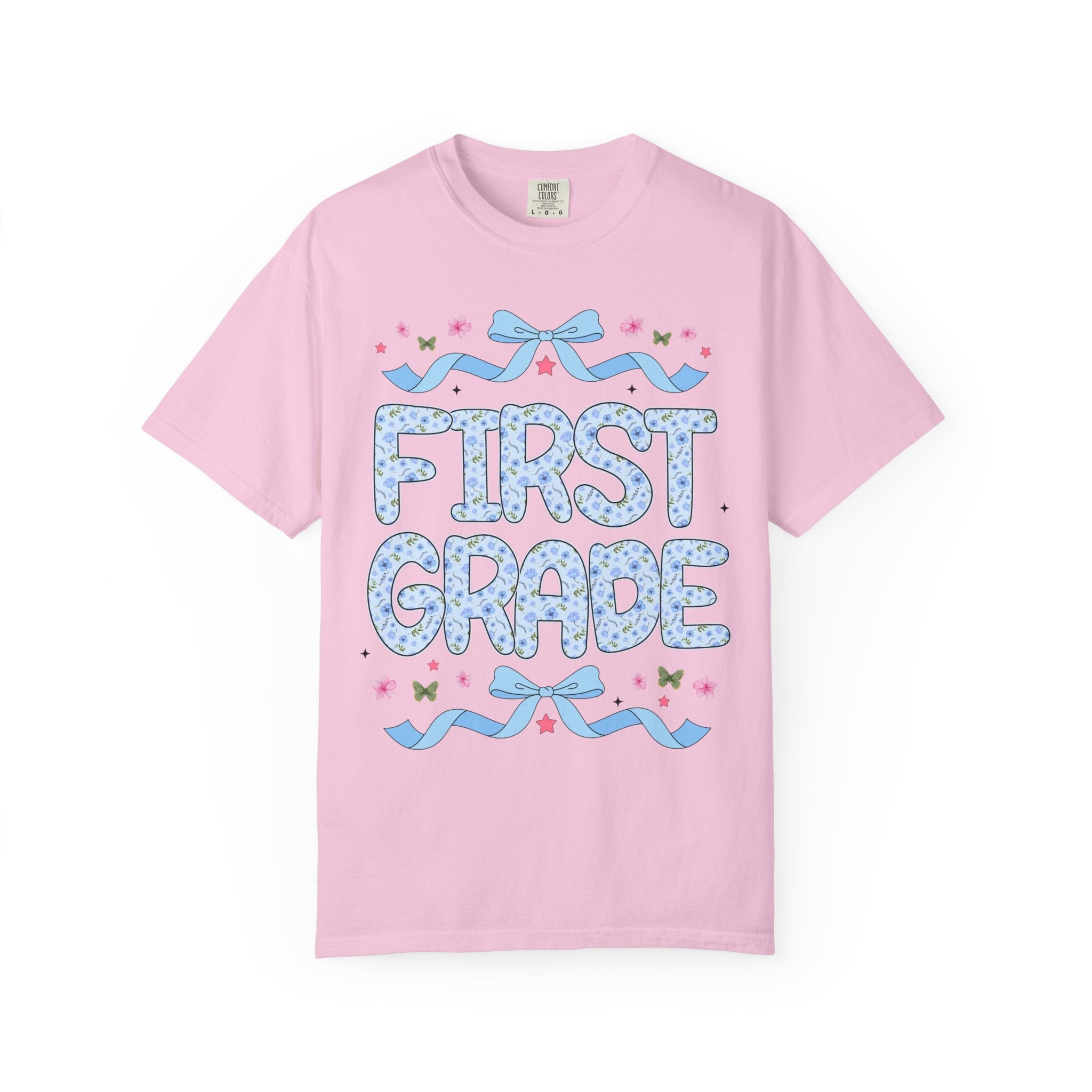 Floral First Grade Teacher Tee Shirt, Matching Teacher Team T-Shirt with Bow and Flowers, Cute Dreamcore 90s Aesthetic Back to School Tee - Opal and June