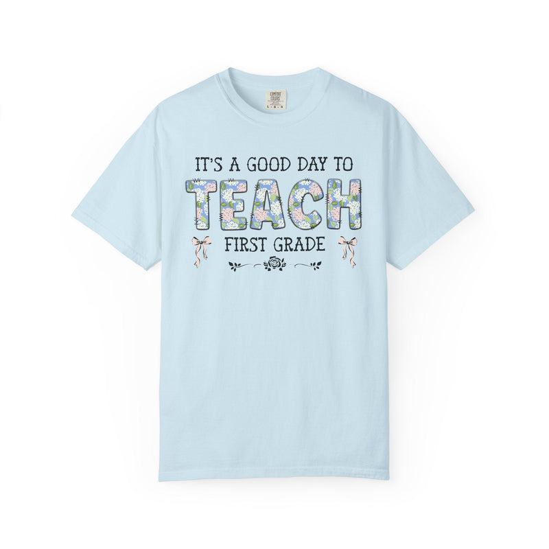 Floral First Grade Teacher Tee Shirt with Cute Bows, Matching Back to School T-Shirt with Flowers, First Day of School Teacher Team Shirt - Opal and June
