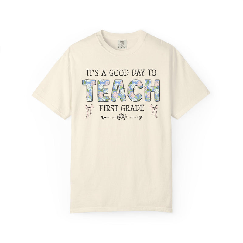 Floral First Grade Teacher Tee Shirt with Cute Bows, Matching Back to School T-Shirt with Flowers, First Day of School Teacher Team Shirt - Opal and June