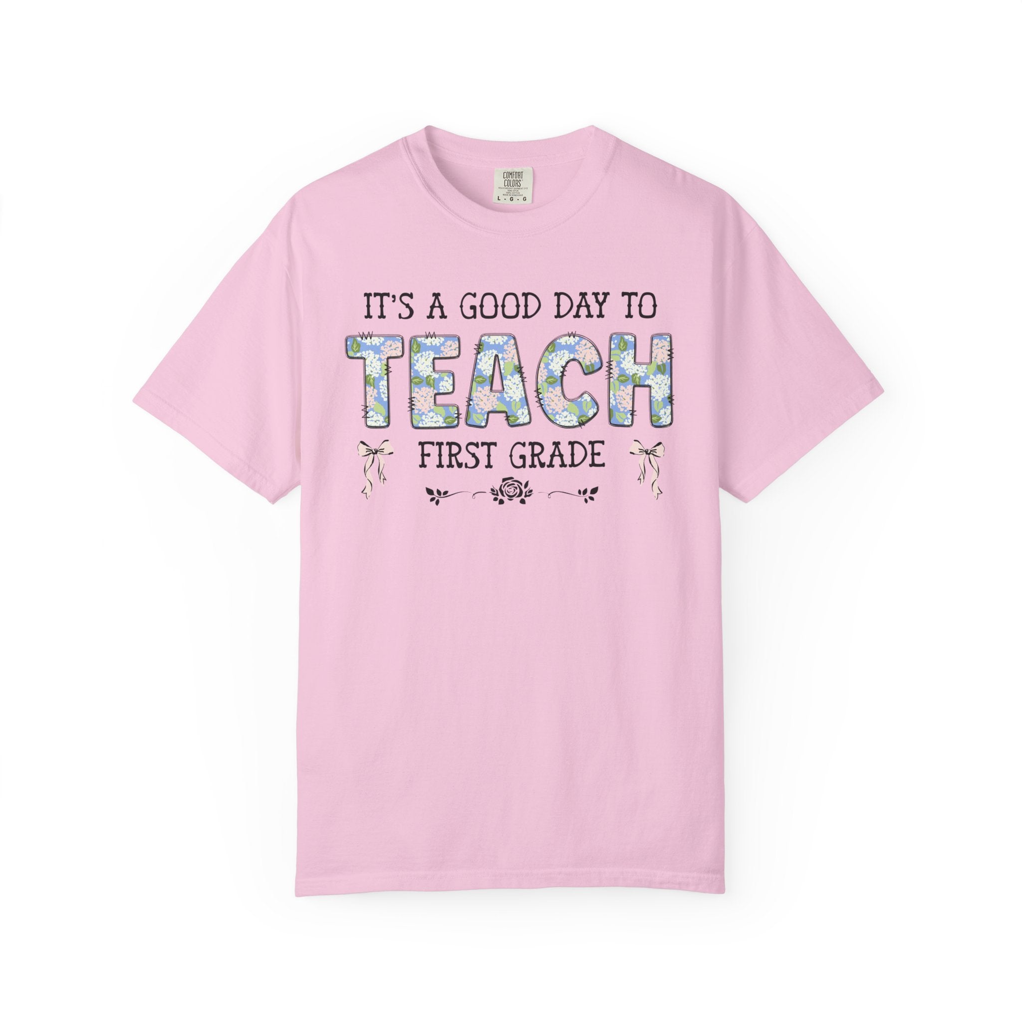 Floral First Grade Teacher Tee Shirt with Cute Bows, Matching Back to School T-Shirt with Flowers, First Day of School Teacher Team Shirt - Opal and June